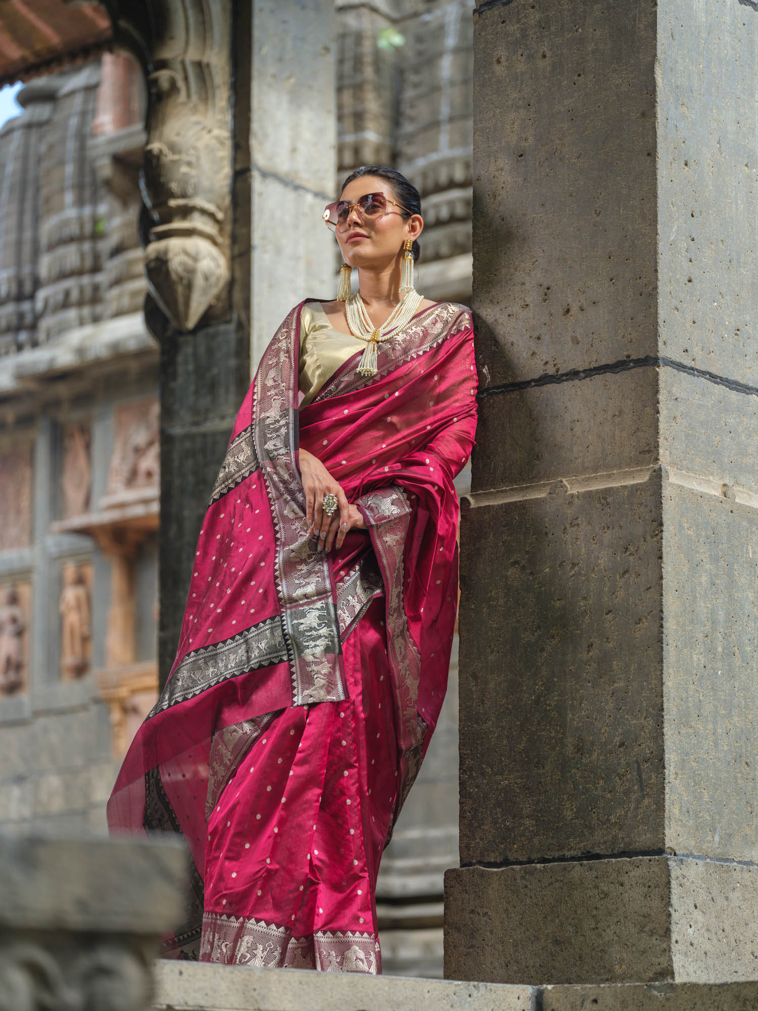 Silk wedding and bridal wear saree in plum, silver and black weave stripes.