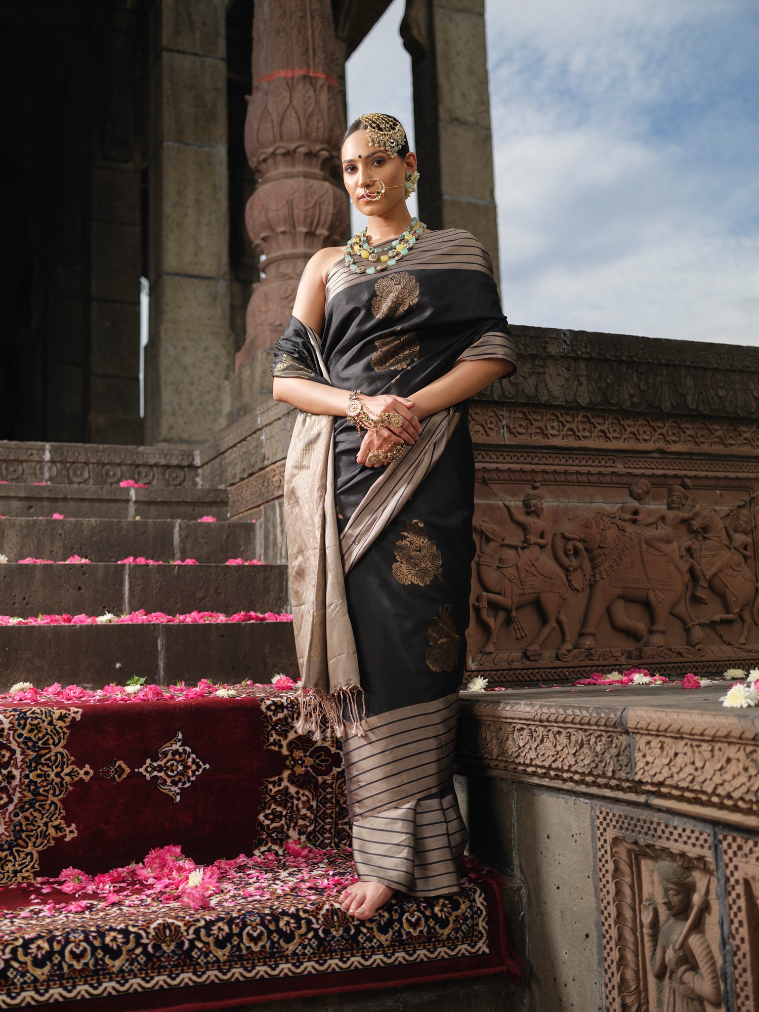 Kumari - Black Mulberry Silk Saree with Beige-Grey Zari Border