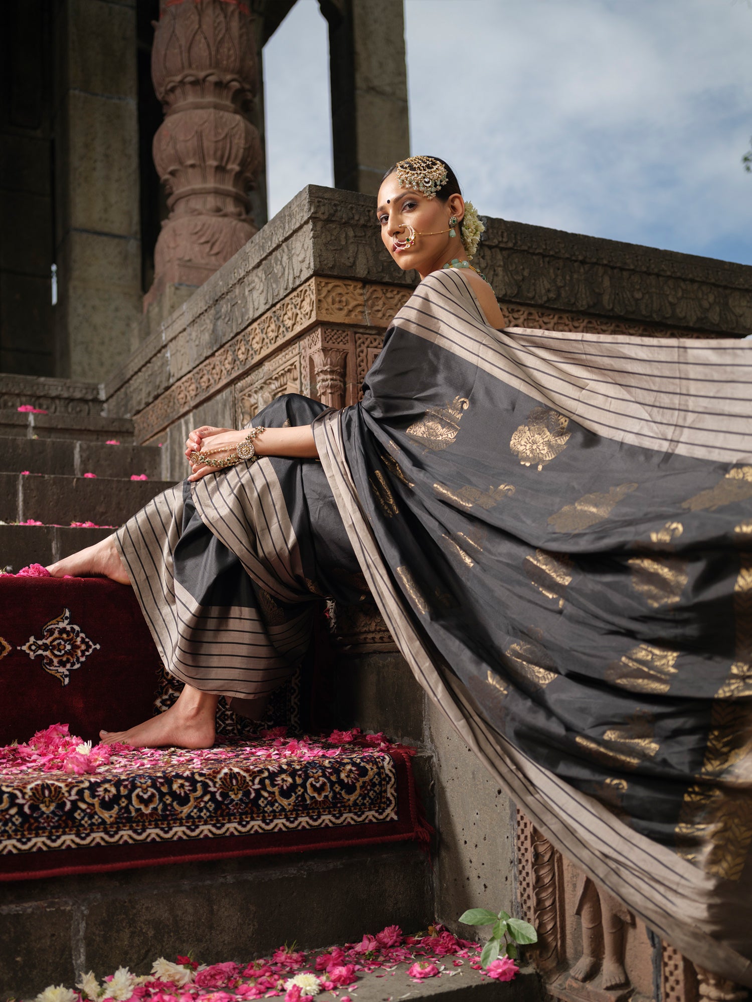 Kumari - Black Mulberry Silk Saree with Beige-Grey Zari Border