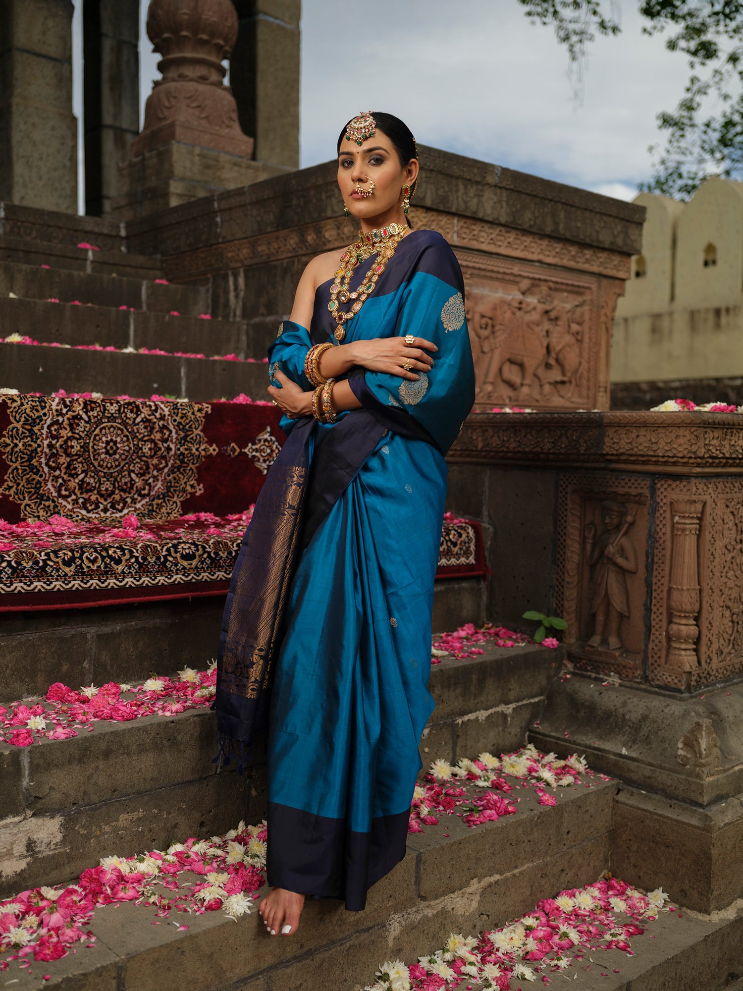 Indrani - Deep Indigo Pattu Silk Saree with Zari Motifs