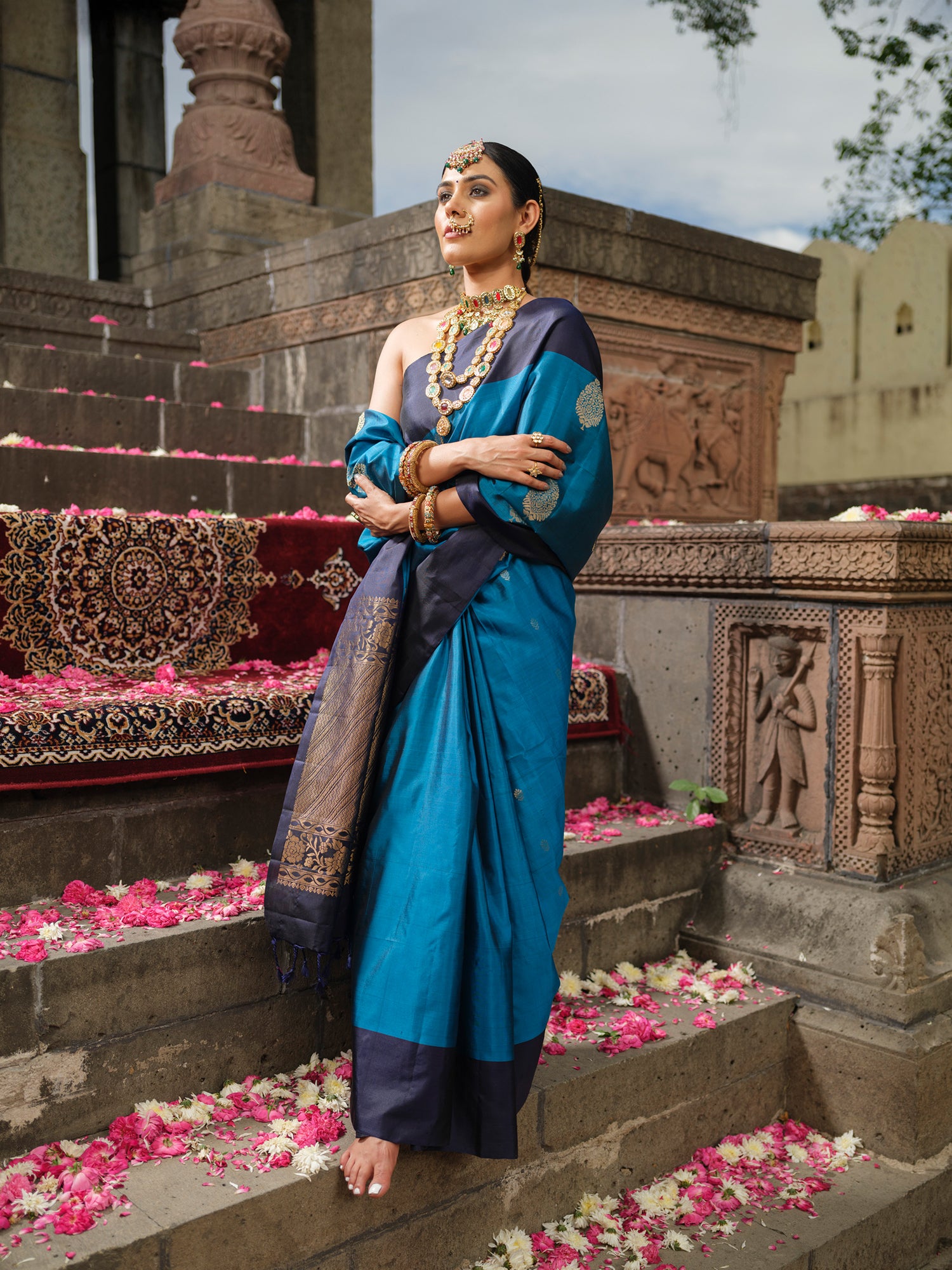 Indrani - Deep Indigo Pattu Silk Saree with Zari Motifs