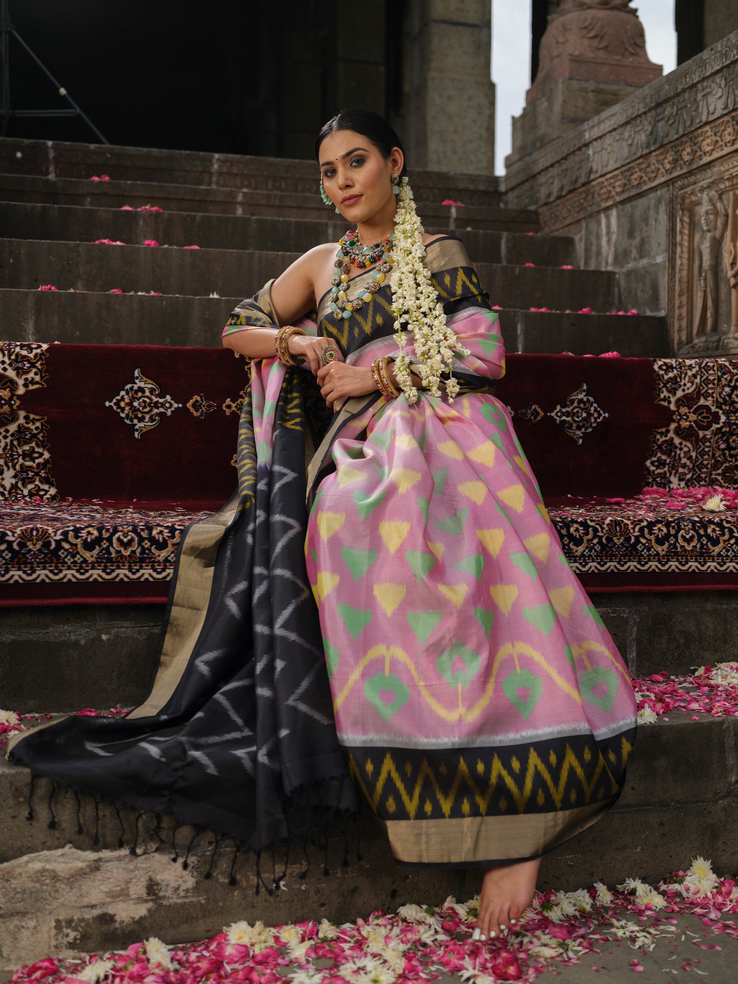 Vanya - Baby Pink and Black Ikat Silk Saree