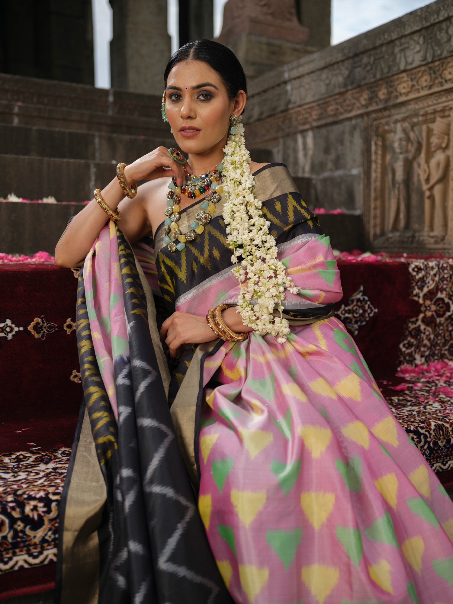 Vanya - Baby Pink and Black Ikat Silk Saree