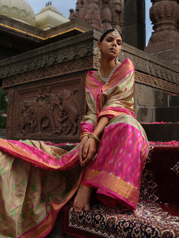 Ragini - Beige & Pink Ikat Silk Saree
