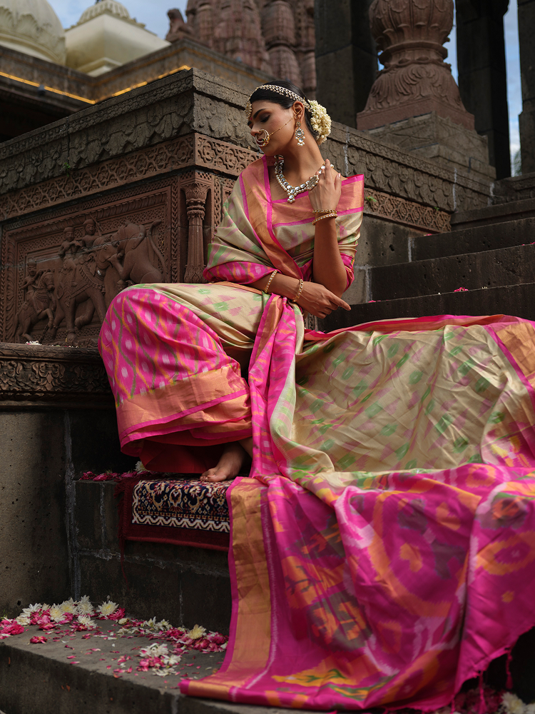 Ragini - Beige & Pink Ikat Silk Saree