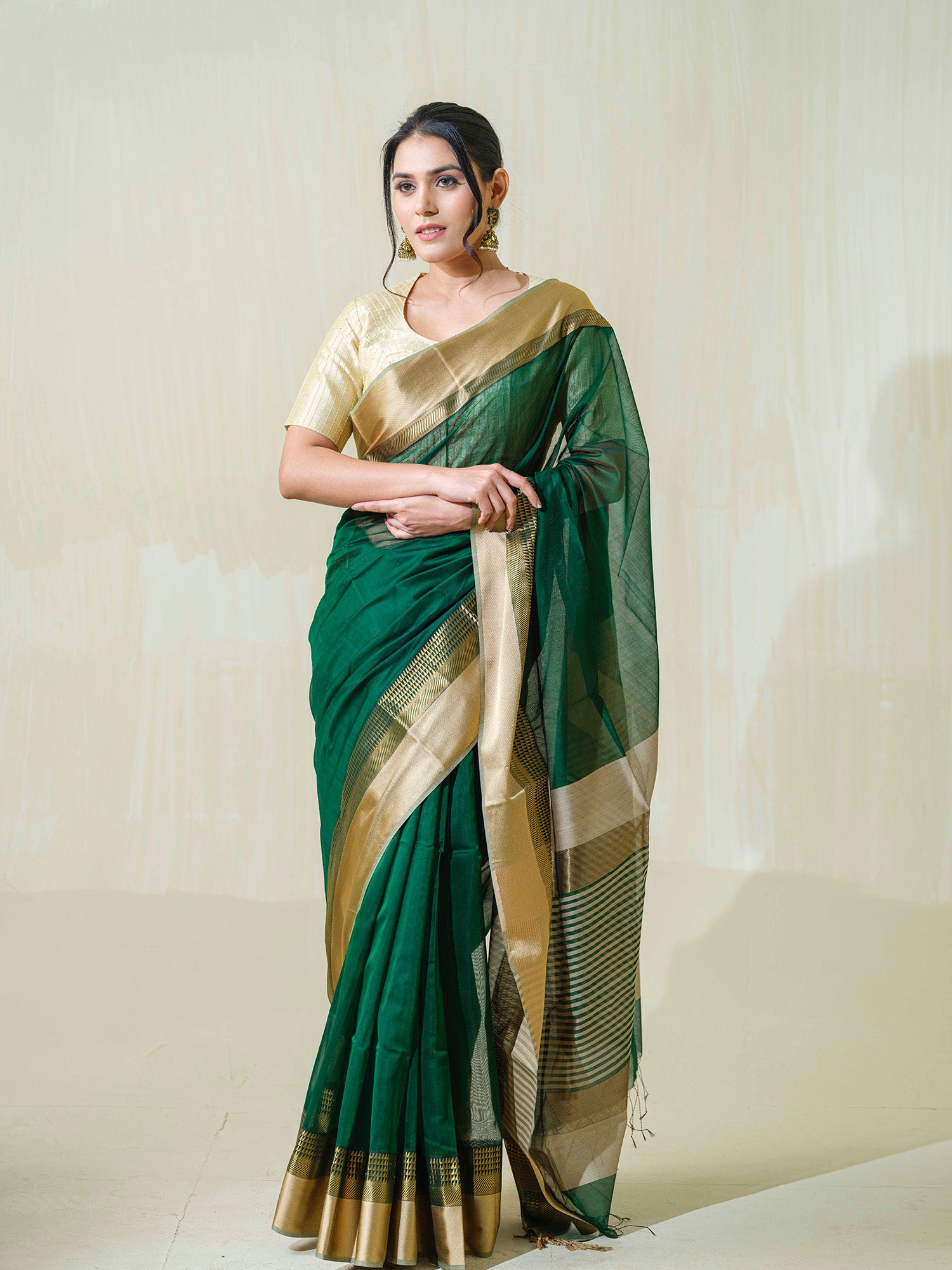 Bottle green Maheshwari cotton silk handmade saree with resham