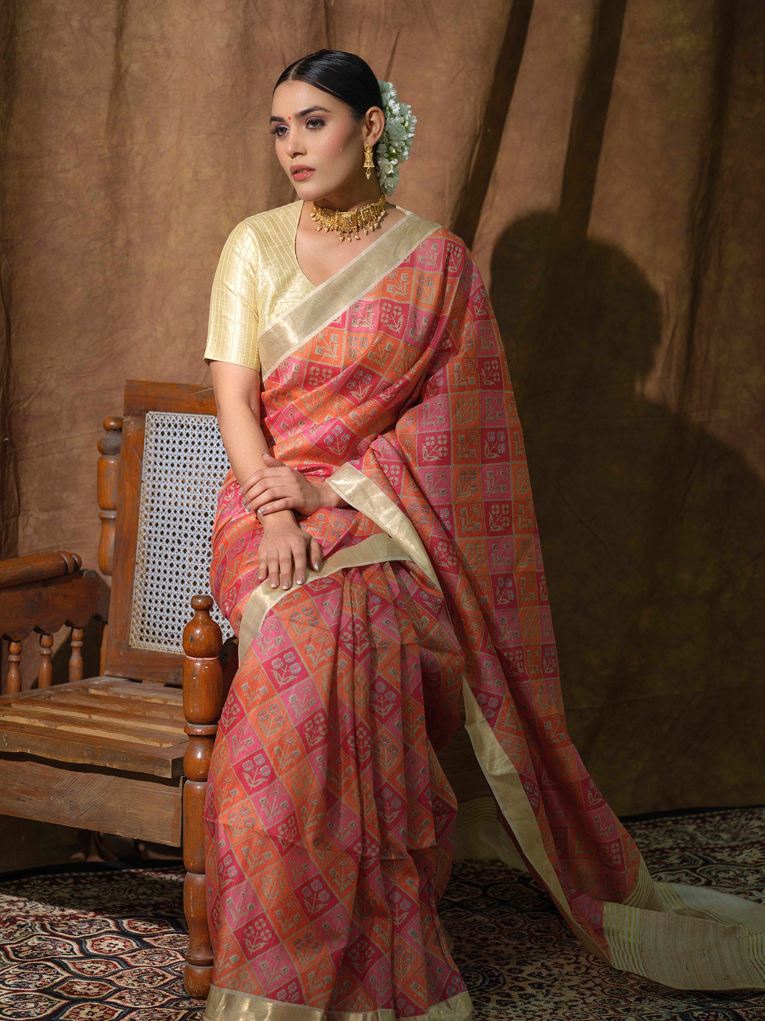 Tussar silk Maheshwari saree with Patola print