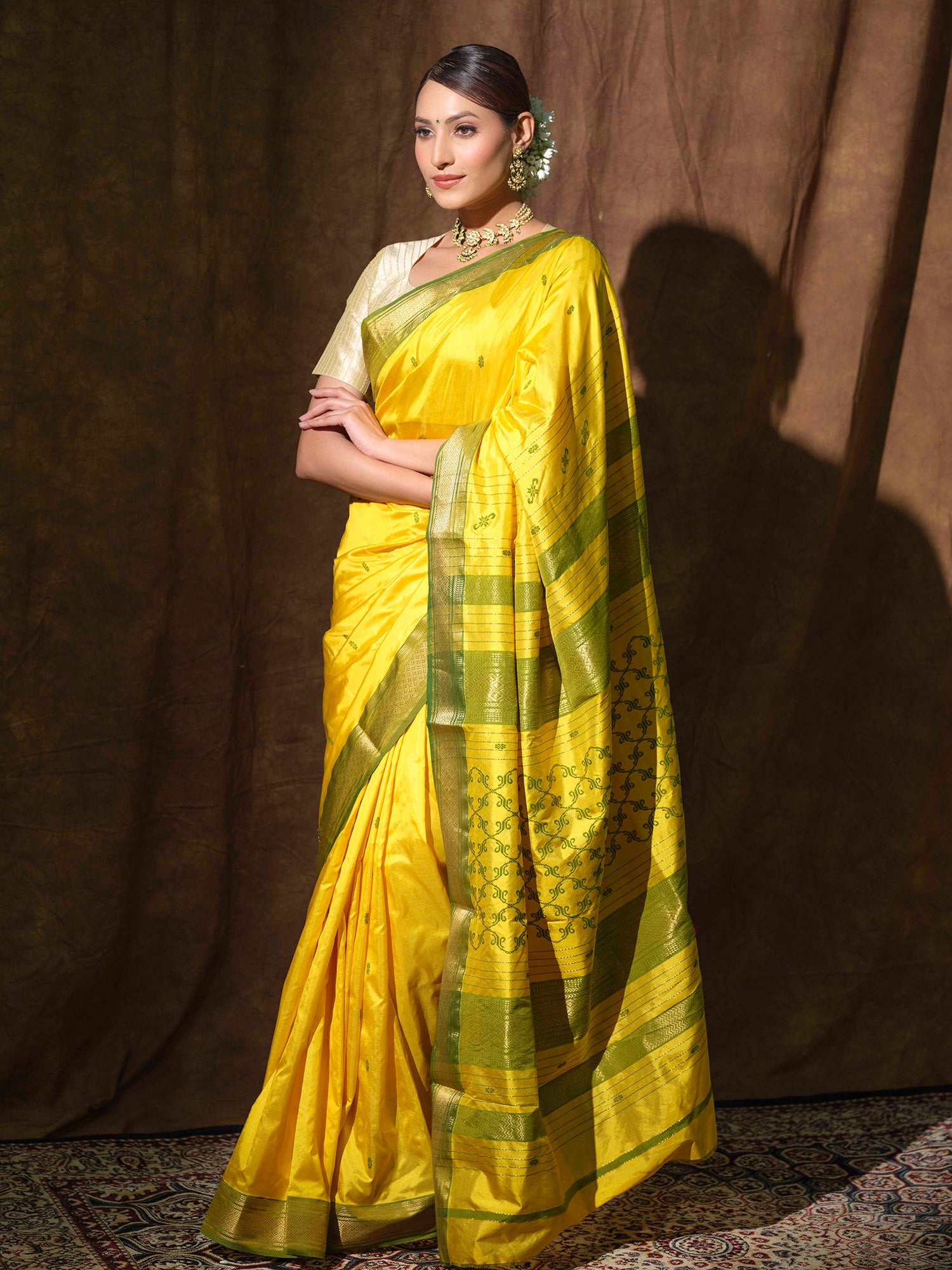 Radiant Yellow pure Mulberry silk Maheshwari saree.