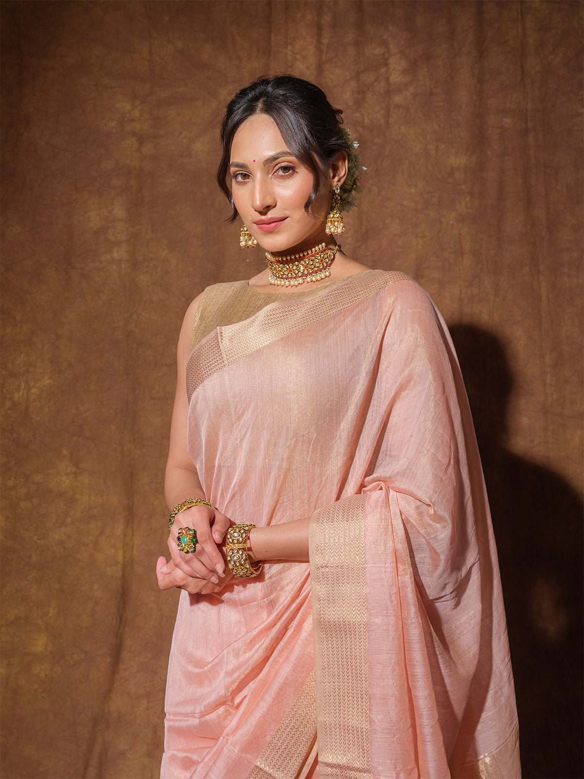 Blush Peach Maheshwari Tissue Handloom Saree with Zari