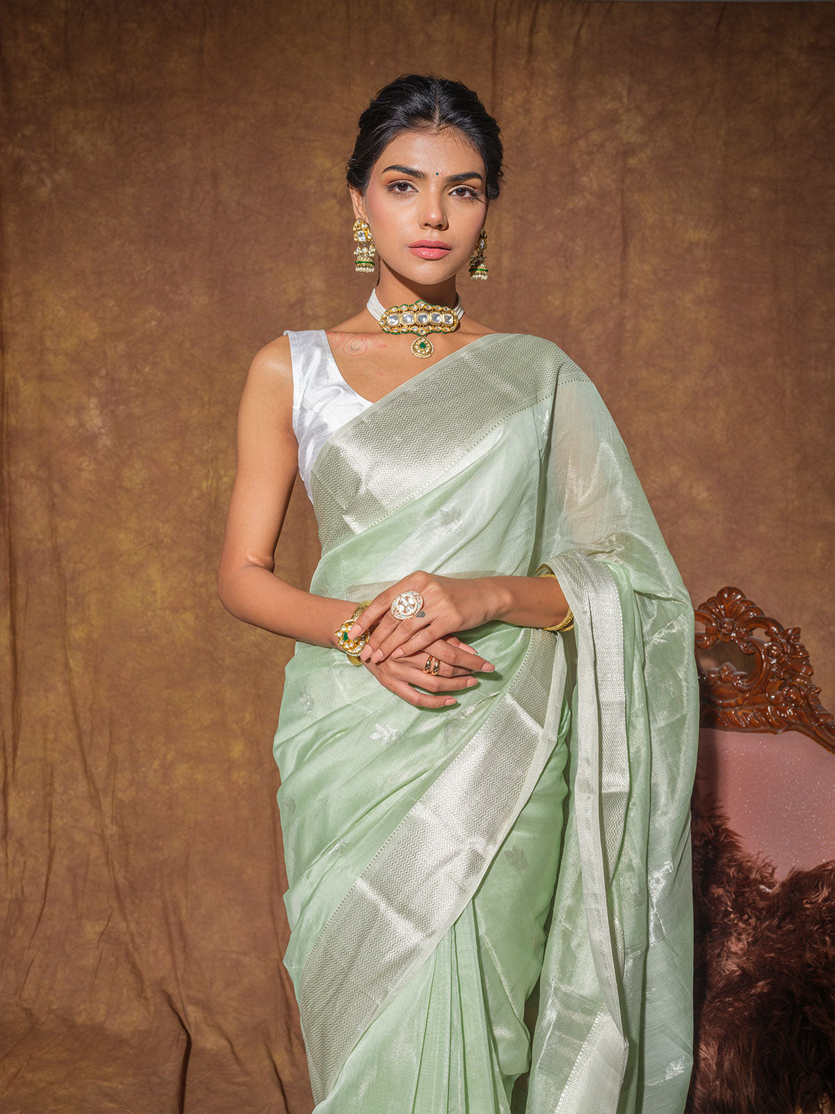 Pastel Green Maheshwari Tissue Silk Handloom Saree with Zari