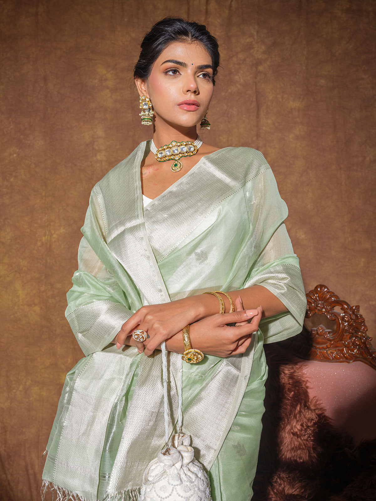 Pastel Green Maheshwari Tissue Silk Handloom Saree with Zari