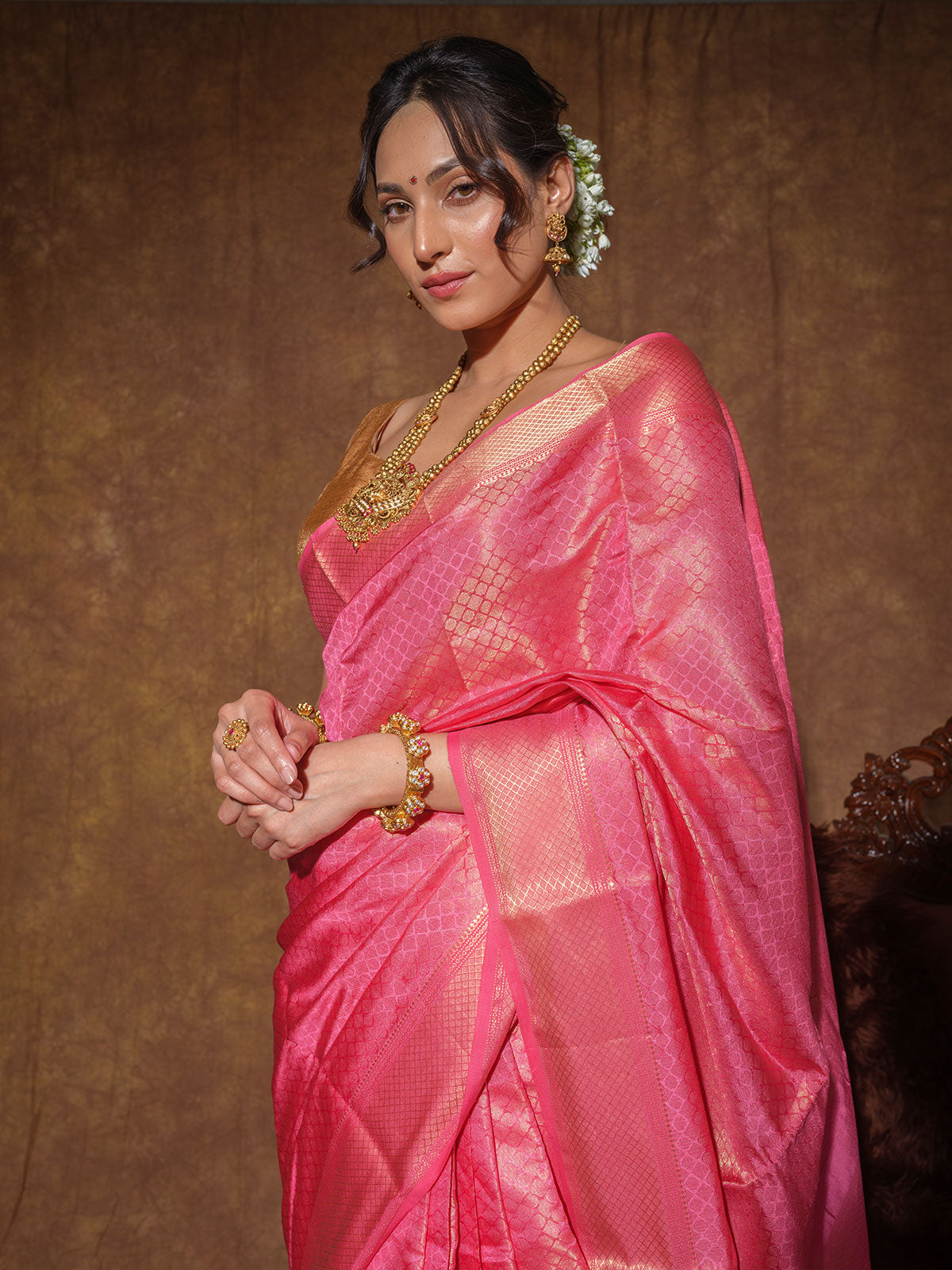 Rose Pink Maheshwari Mulberry Silk Handloom Saree with Zari