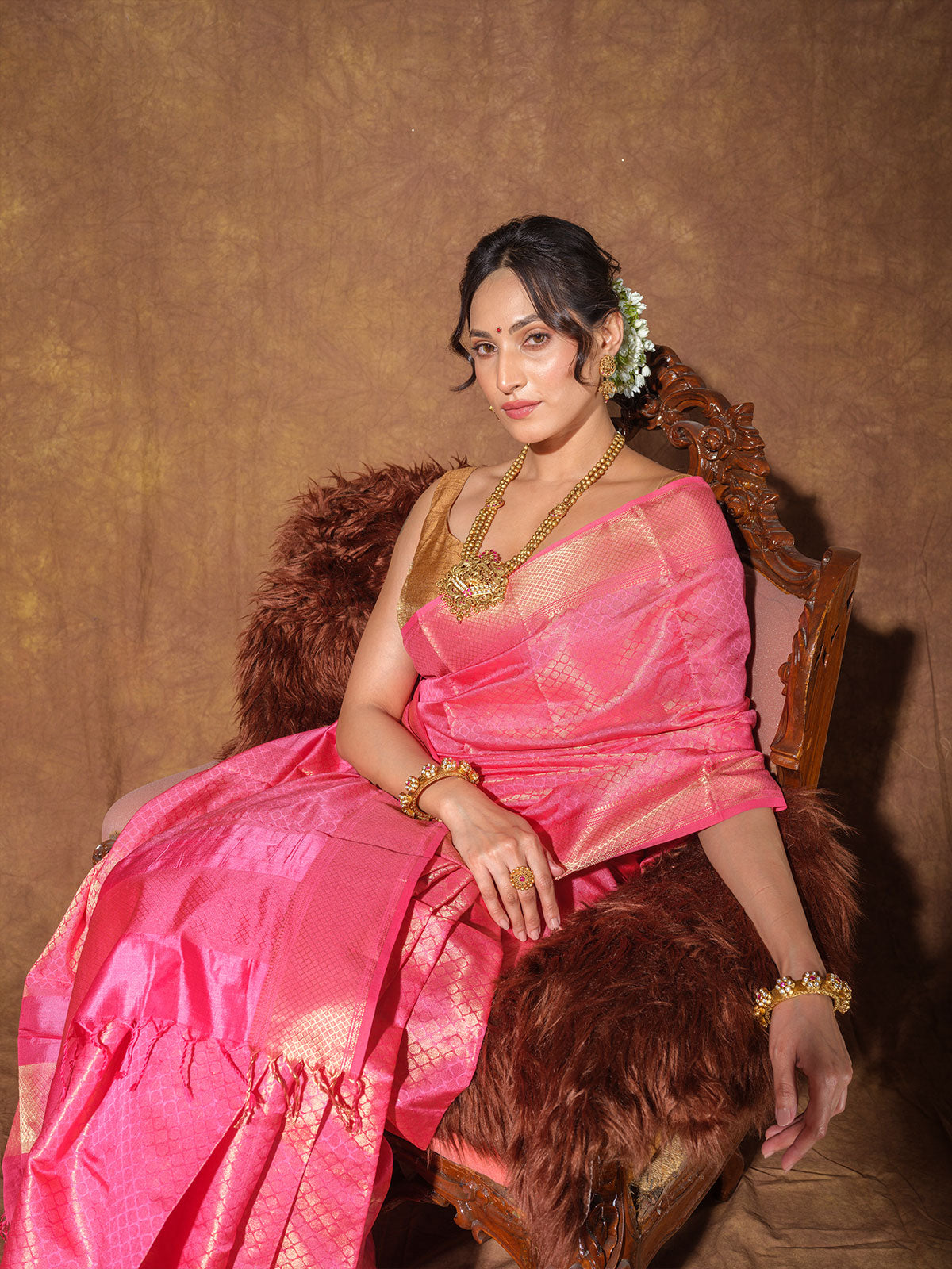 Rose Pink Maheshwari Mulberry Silk Handloom Saree with Zari