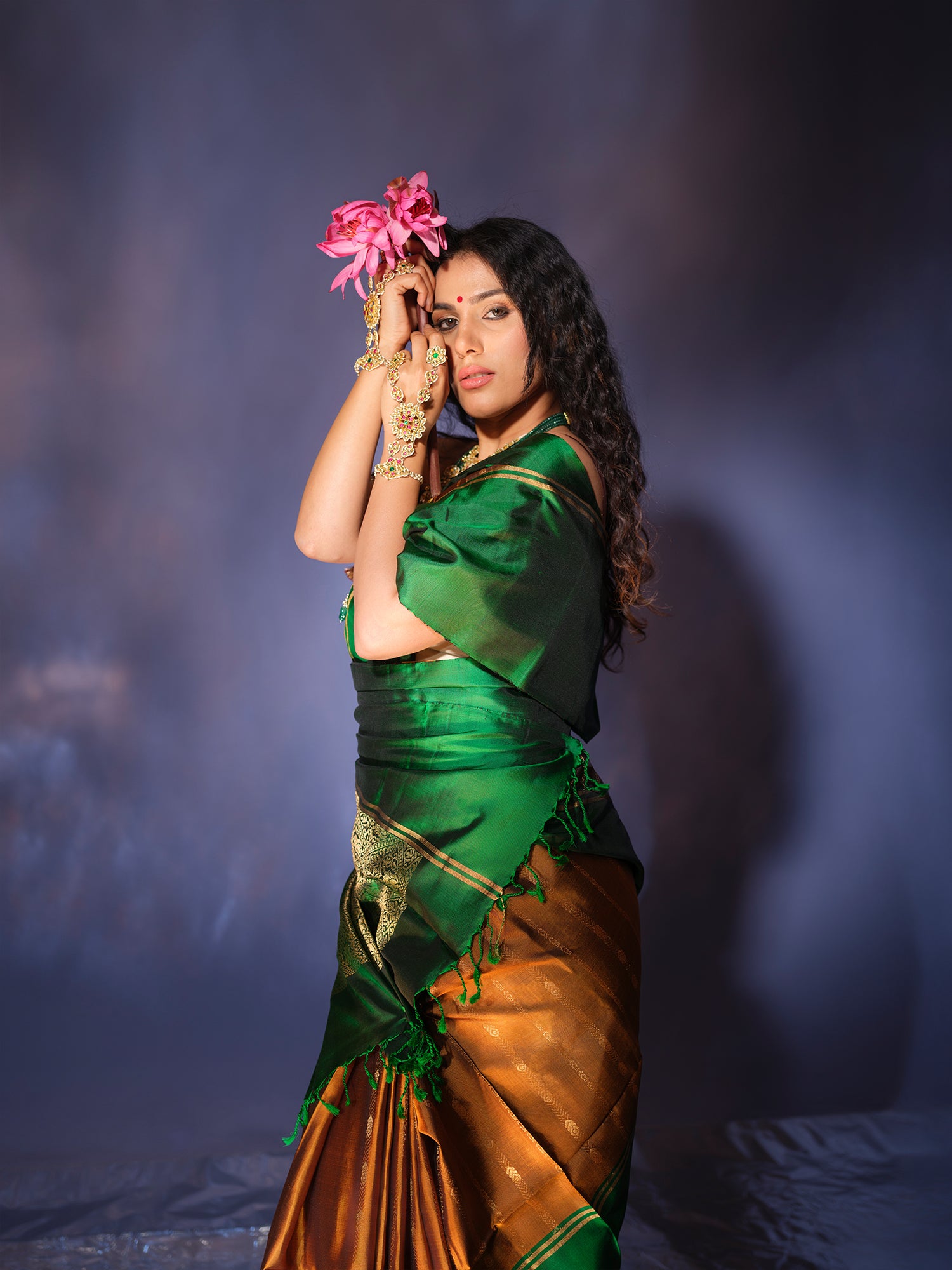 Manjari - Emerald Green Copper Pattu Silk Saree with Zari