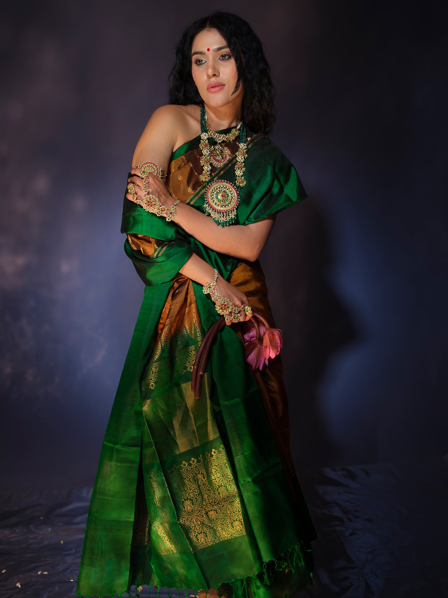 Manjari - Emerald Green Copper Pattu Silk Saree with Zari