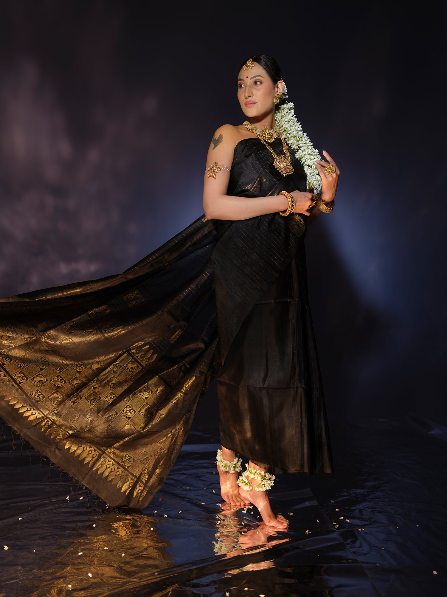 Nayani - Jet Black Mulberry Silk Saree with Zari Work