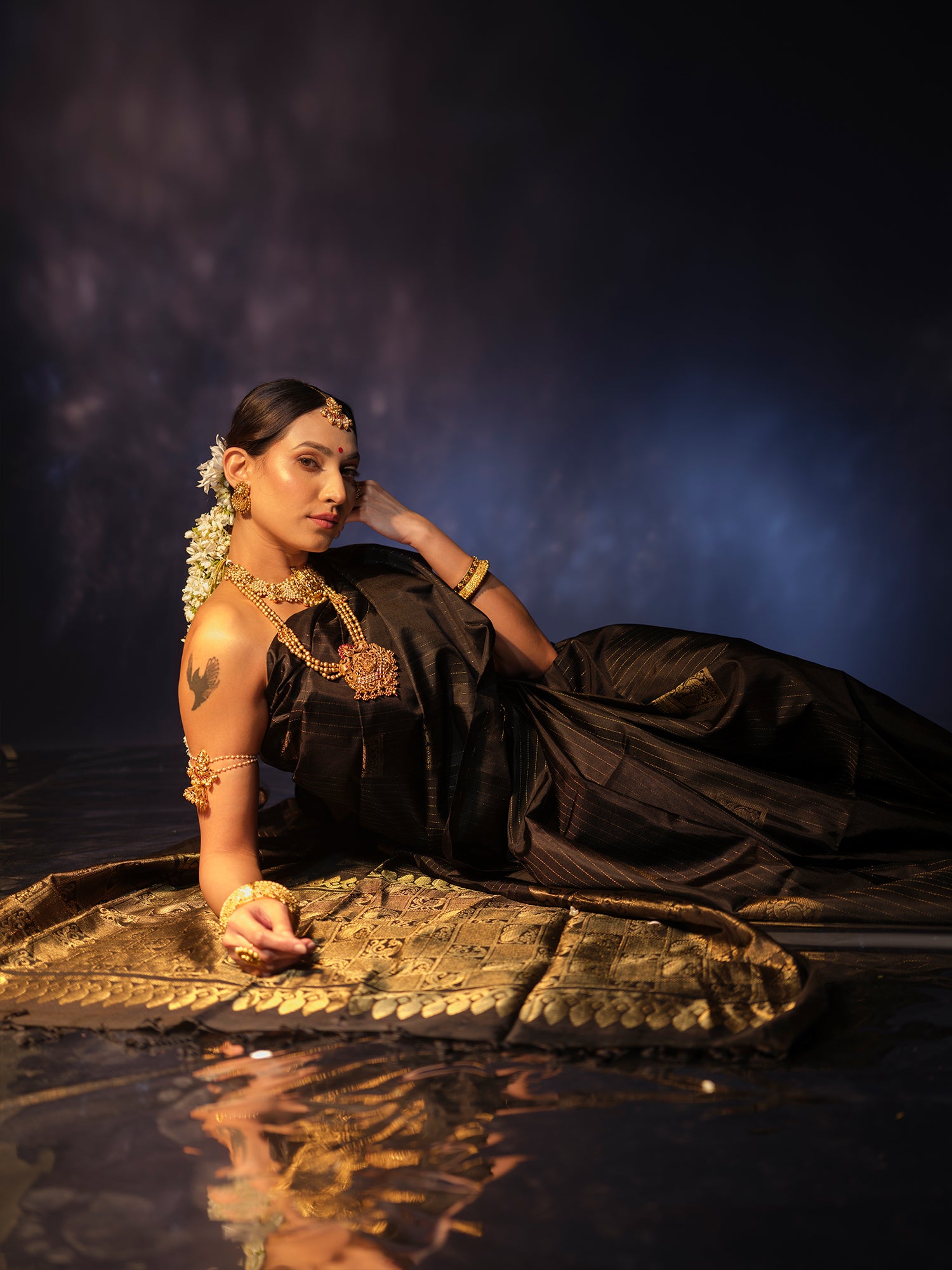 Nayani - Jet Black Mulberry Silk Saree with Zari Work
