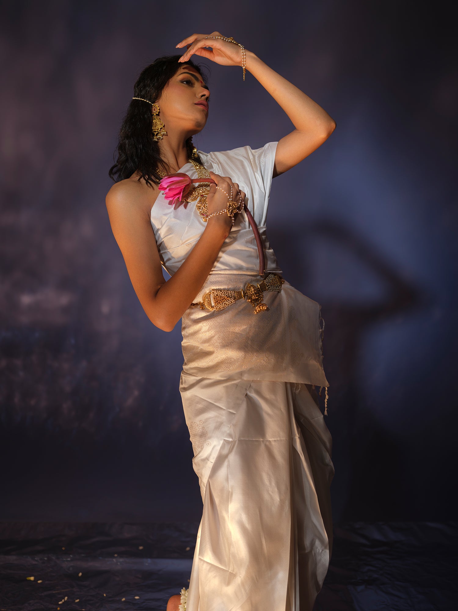 Ira - White Mulberry Silk Saree with Kolam Motifs in Zari