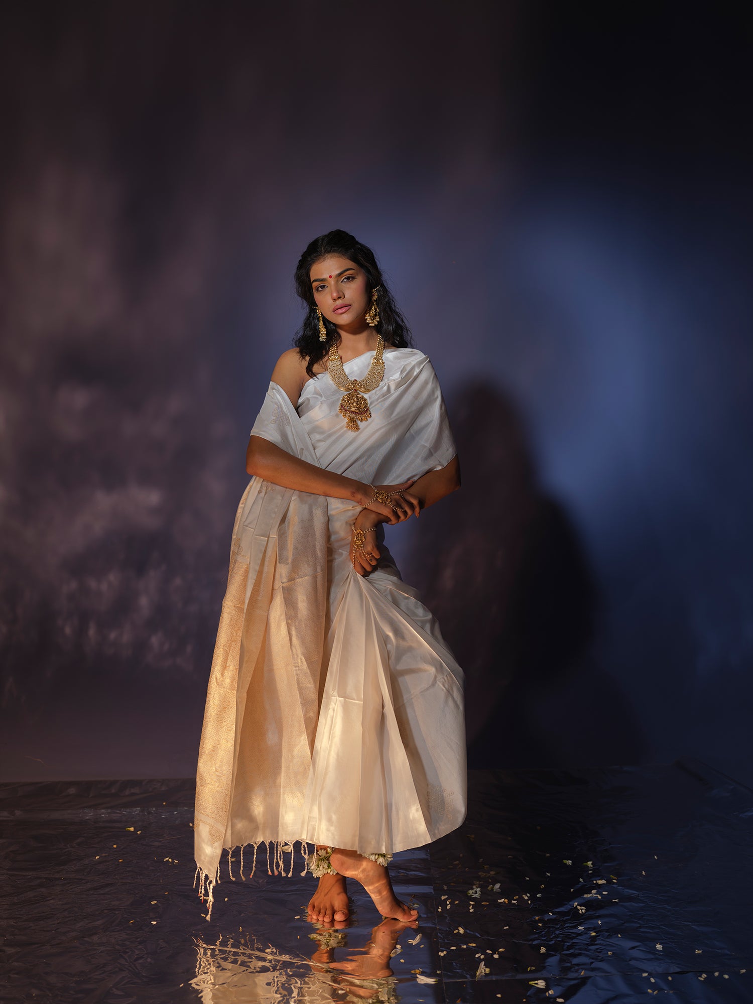 Ira - White Mulberry Silk Saree with Kolam Motifs in Zari