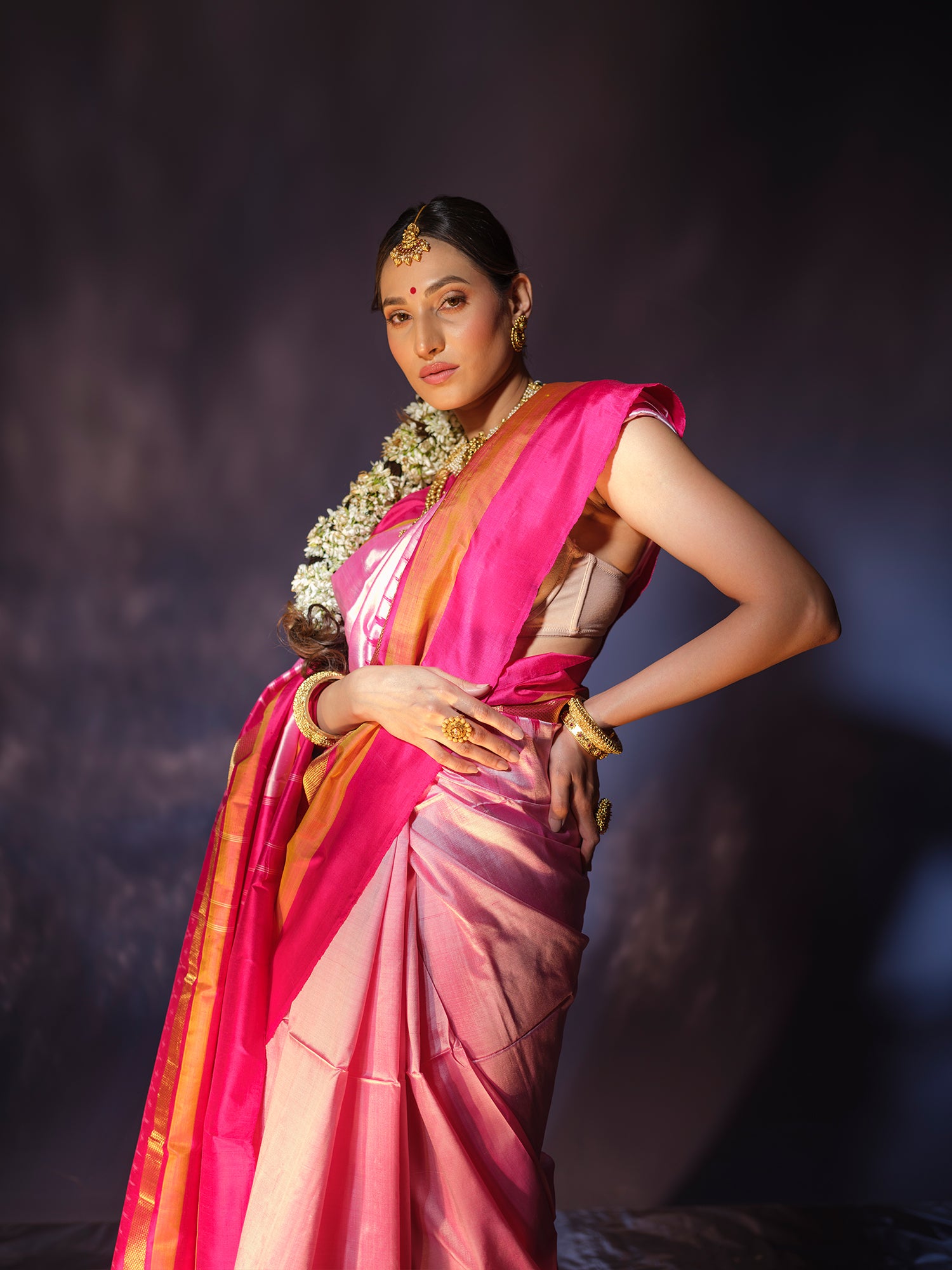 Padma - Light Pink Ikat Silk Saree with Bright Pink Pallu
