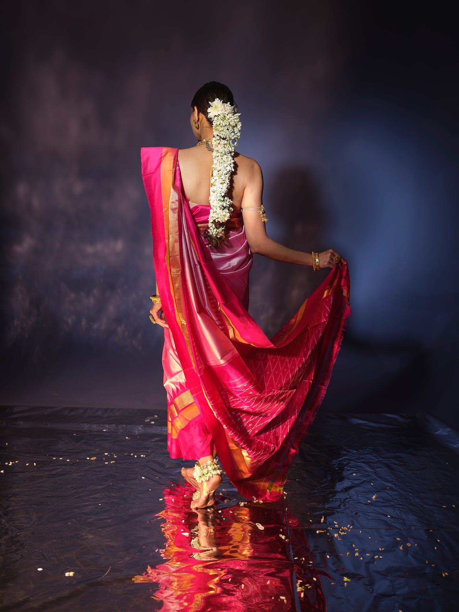 Padma - Light Pink Ikat Silk Saree with Bright Pink Pallu