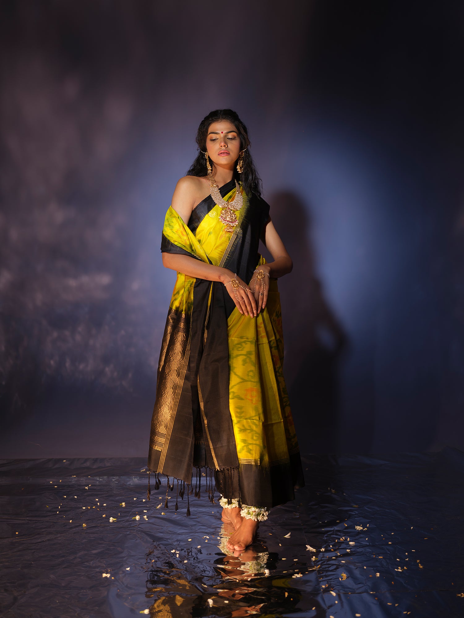 Vaidehi - Lime Green Ikat Silk Saree with Black Pallu