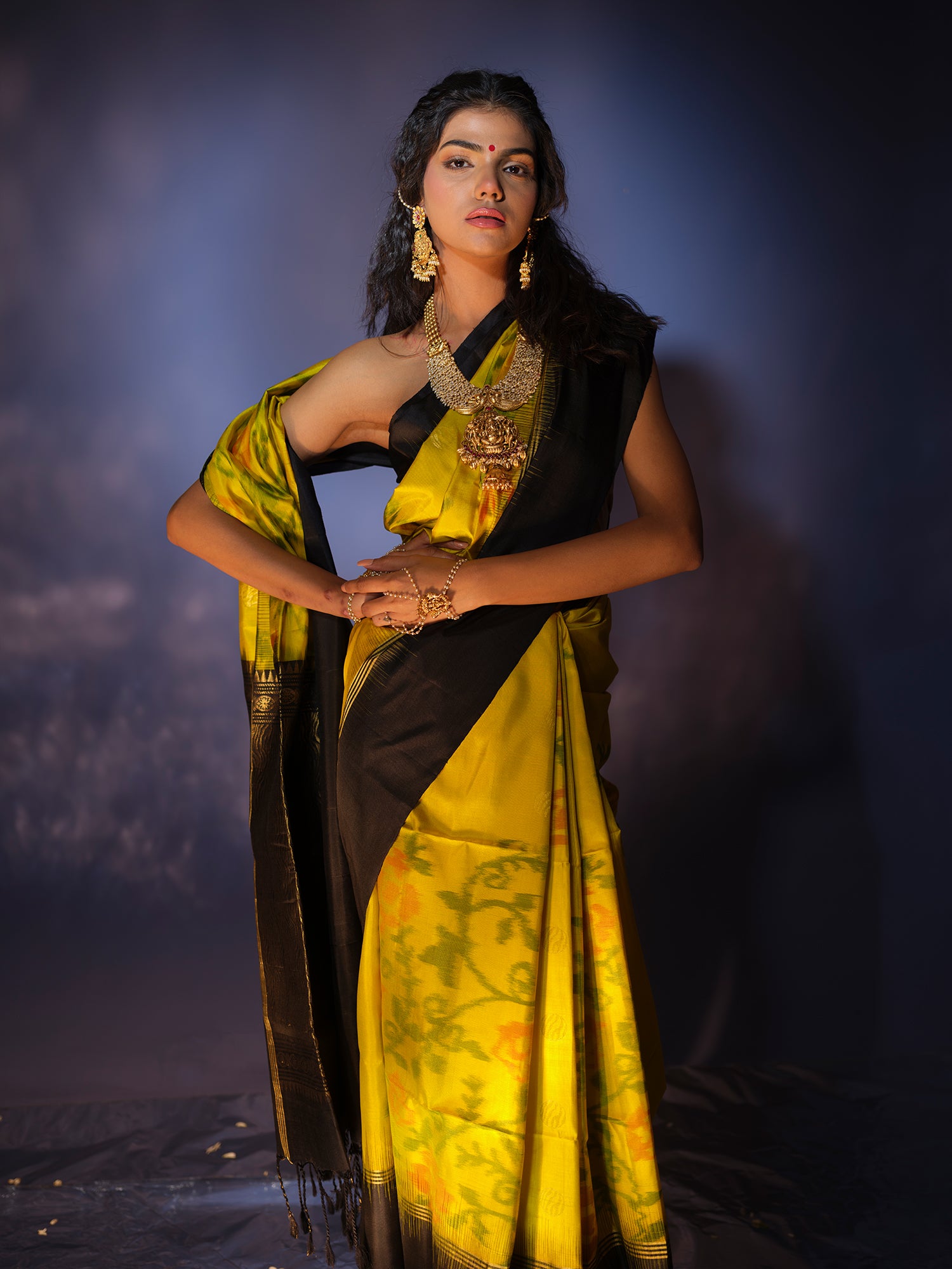 Vaidehi - Lime Green Ikat Silk Saree with Black Pallu