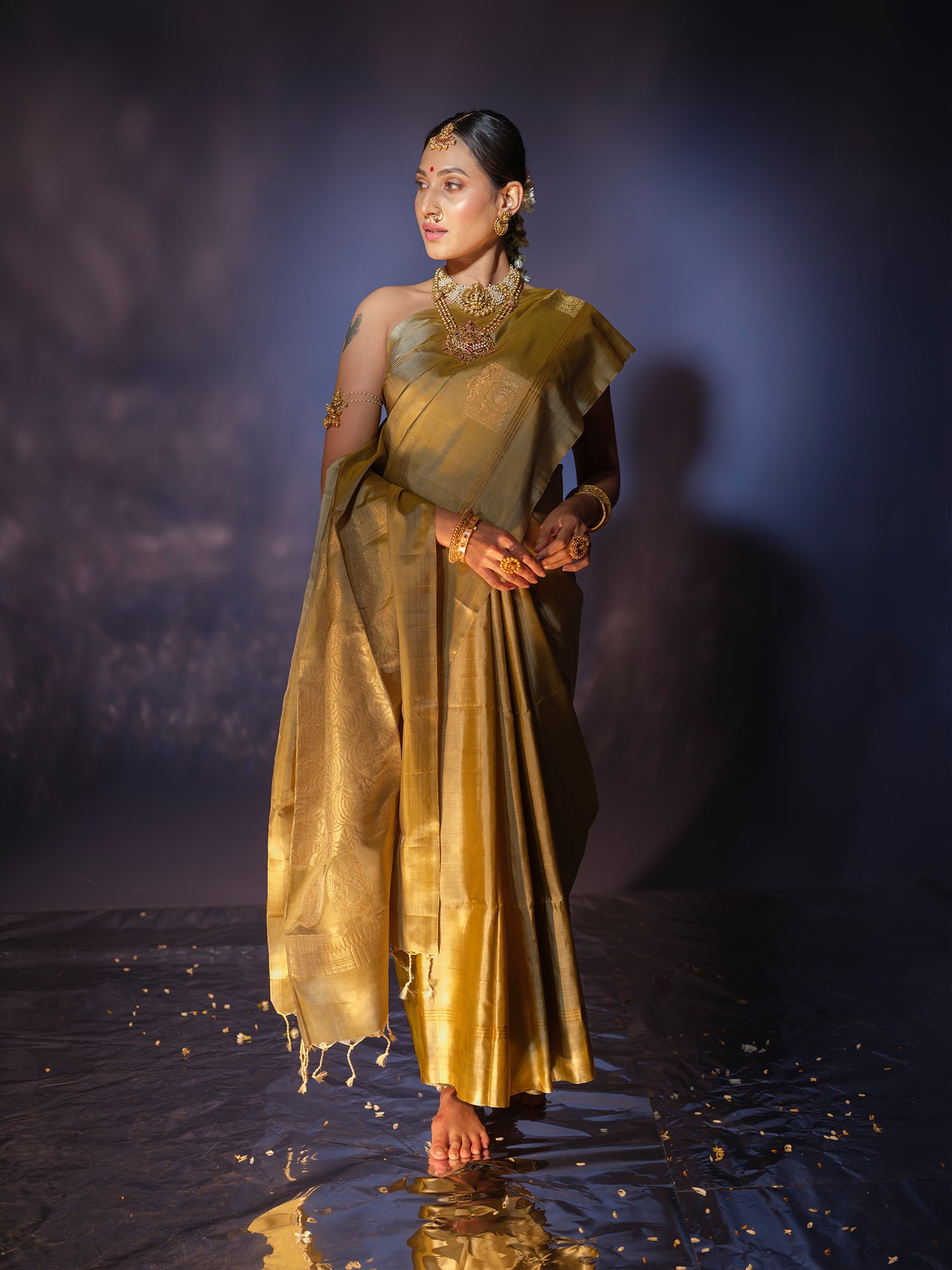 Ketaki - Beige-Cardamom Green Combination Mulberry Silk Saree