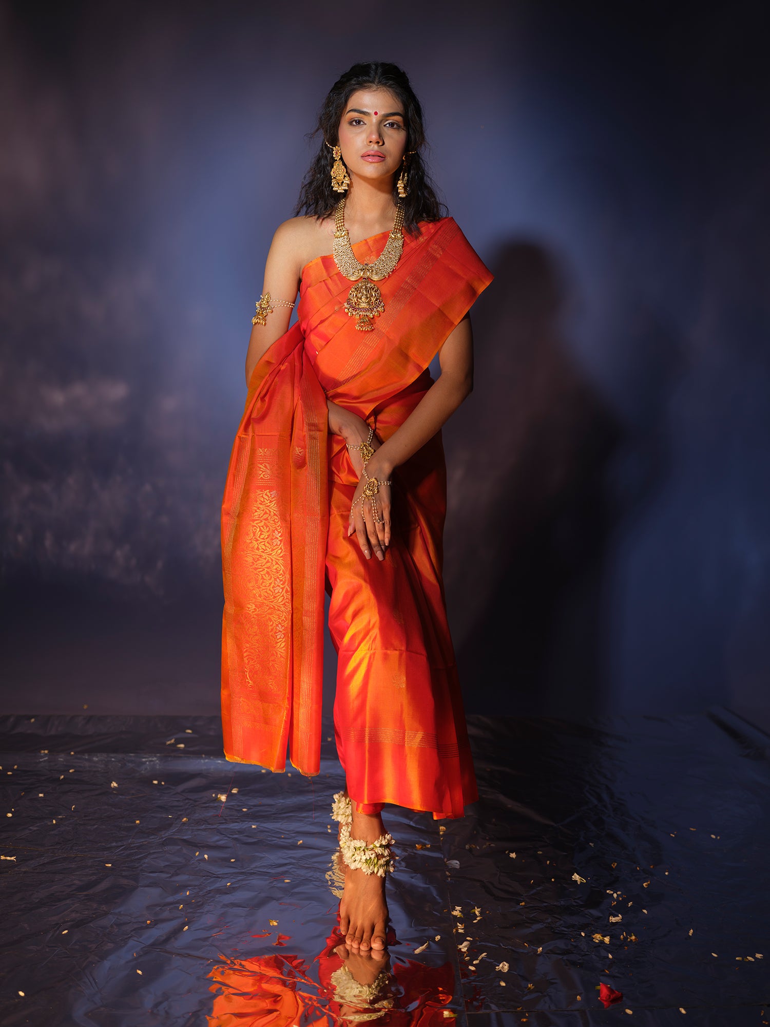Devi - Orange Mulberry Silk Saree with Zari and Meena Butis