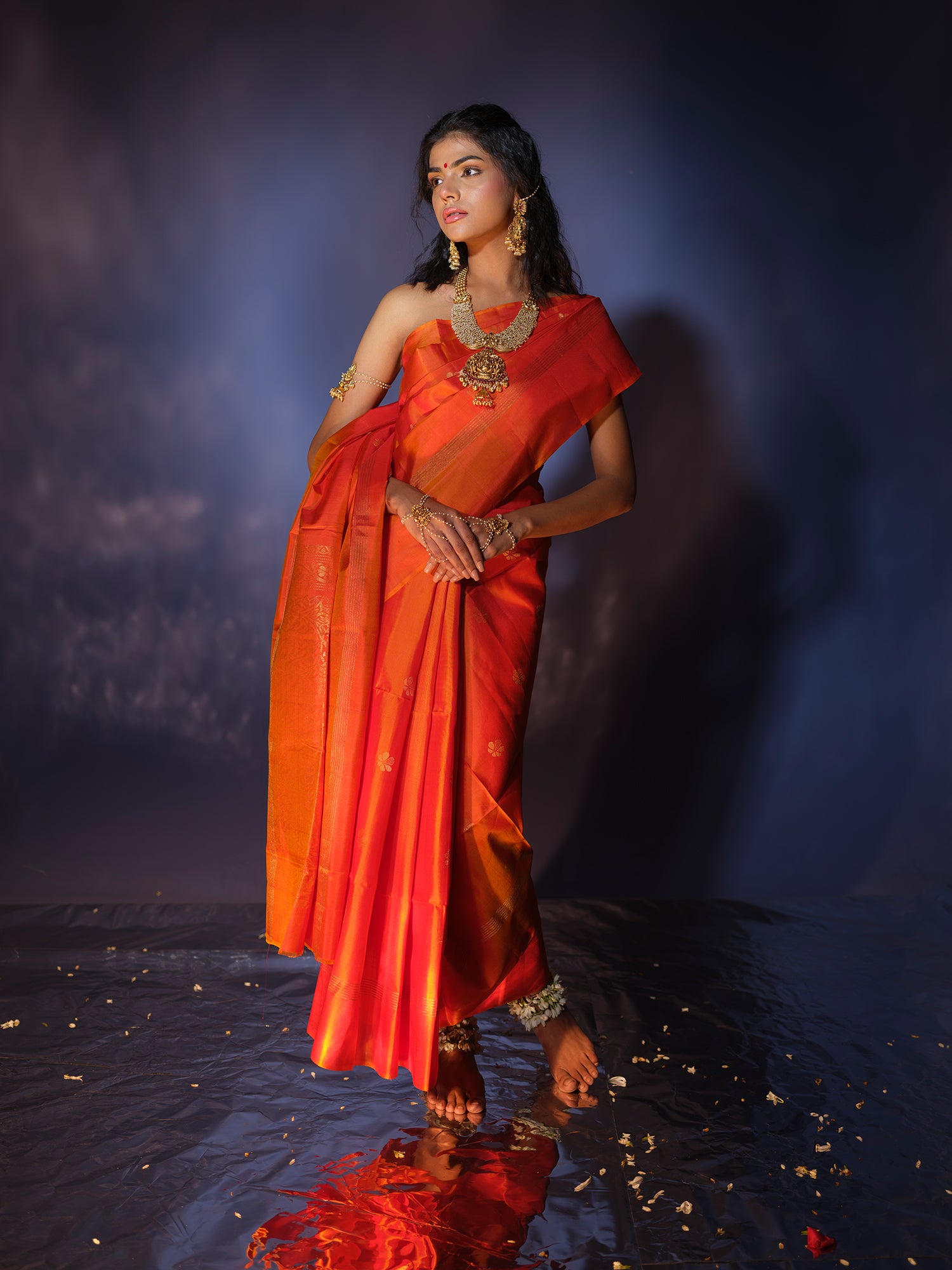 Devi - Orange Mulberry Silk Saree with Zari and Meena Butis