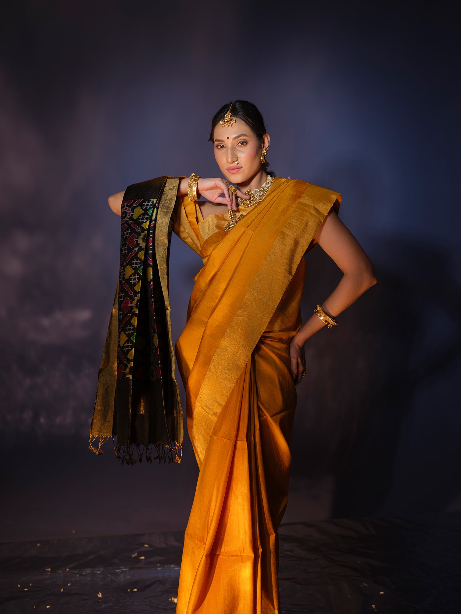 Sindhu - Yellow Raw Mulberry Silk Saree with Black Ikat Pallu