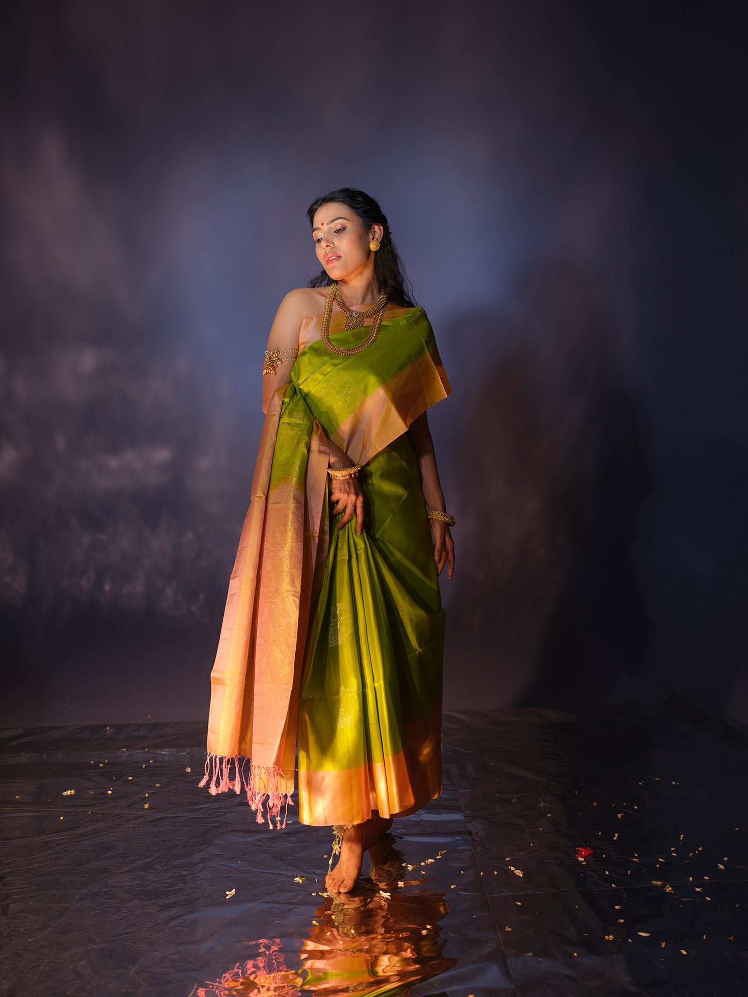Rewati - Lime Green Pattu Silk Saree with Pink Border