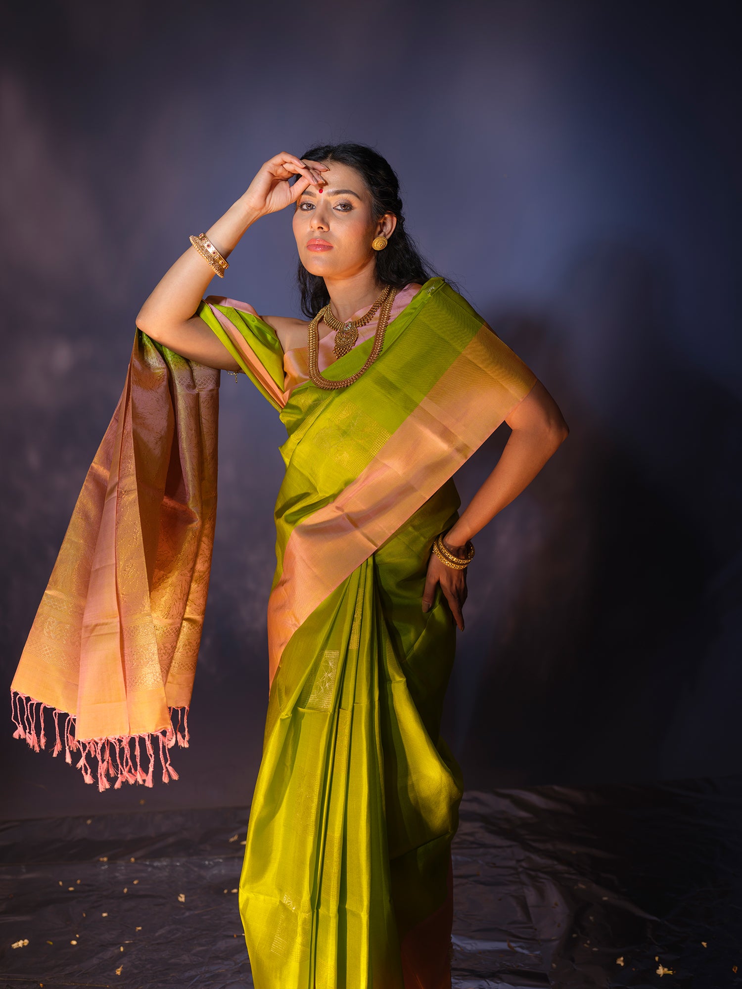 Rewati - Lime Green Pattu Silk Saree with Pink Border