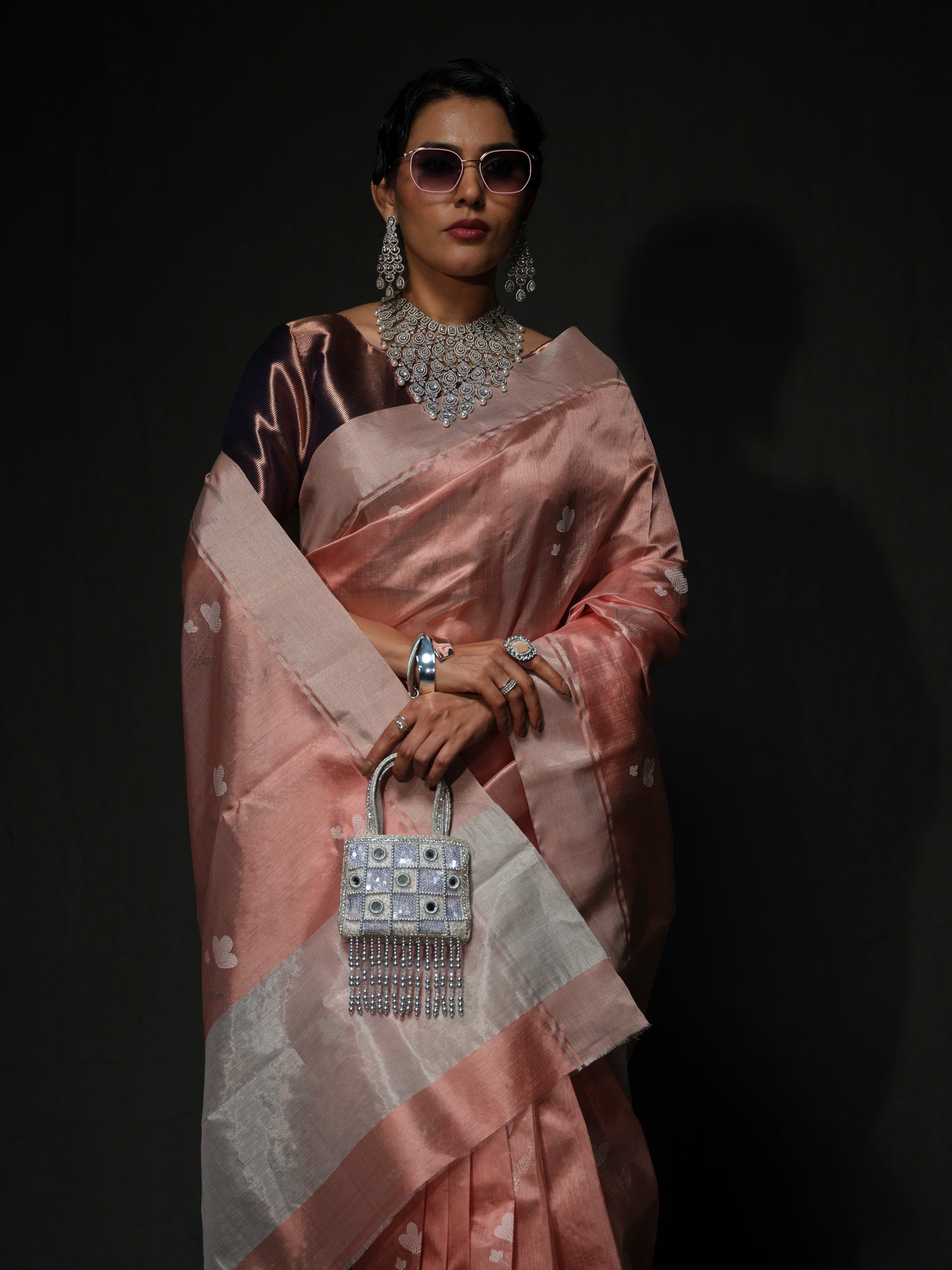 Yamini - Chanderi Pattu Silk Saree in Onion Pink adorned with Off White Floral Buttas