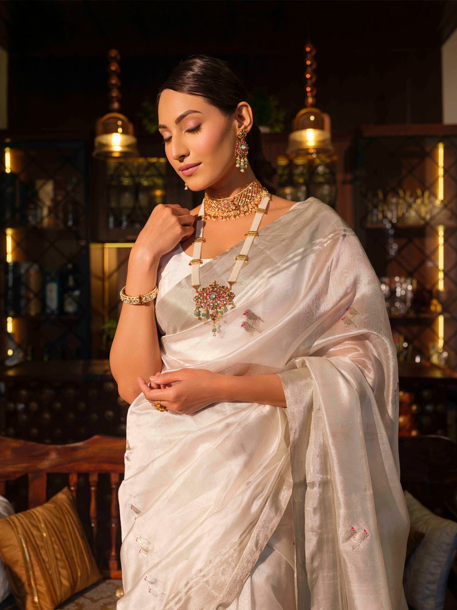 Vasudha - White Pattu Silk Chanderi Saree With Parrot Motif