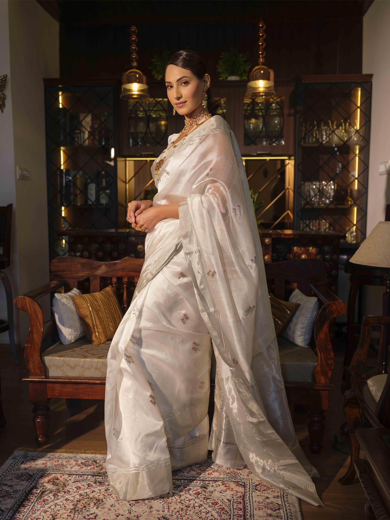 Vasudha - White Pattu Silk Chanderi Saree With Parrot Motif