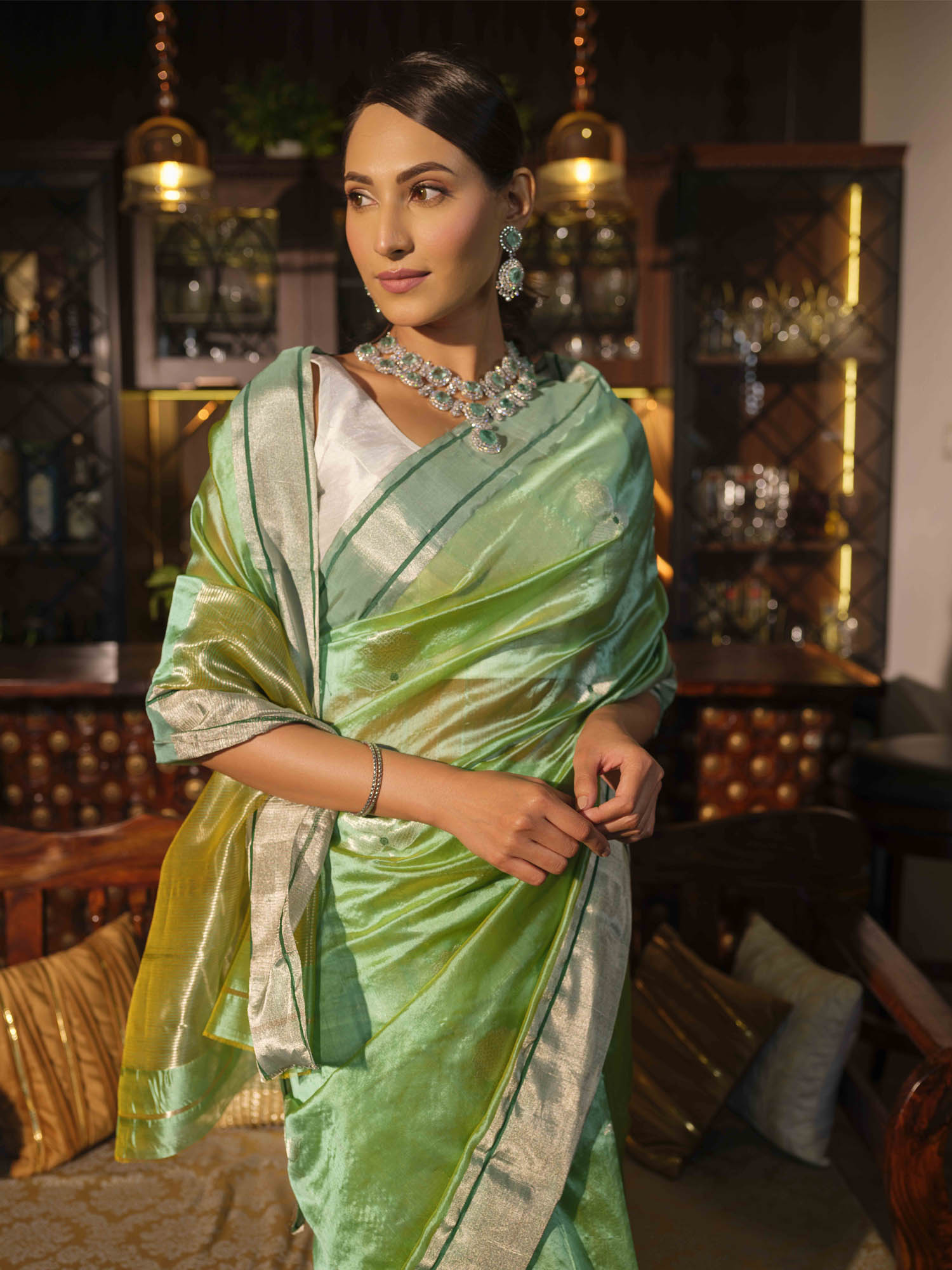 Rewa - Mint Green Pattu Silk Chanderi Saree With Silver Motif