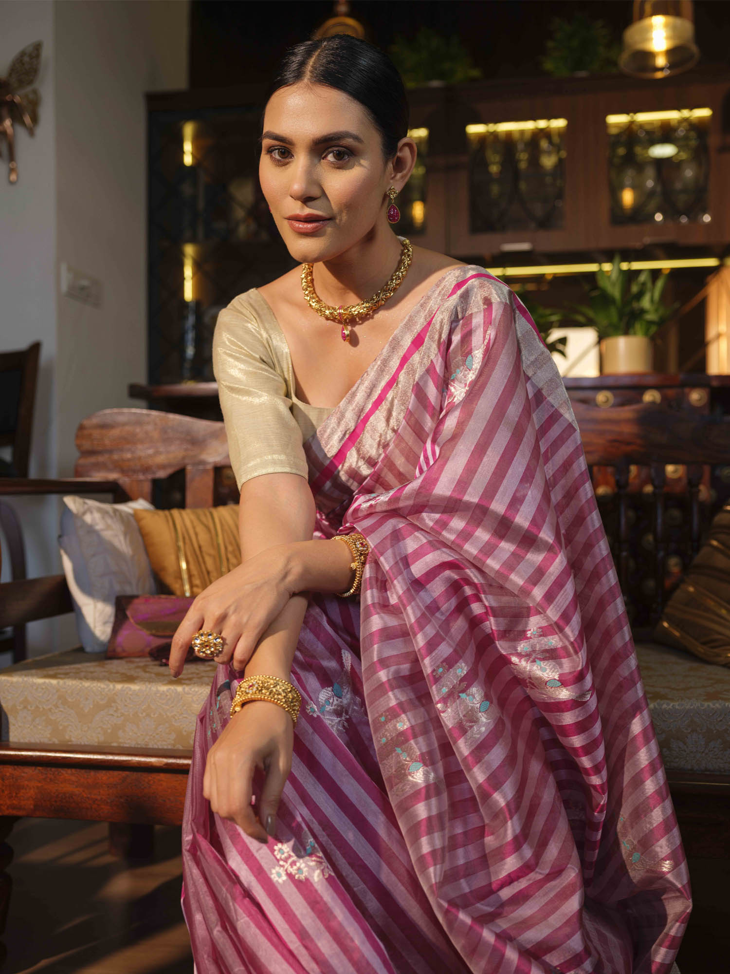 Indralekha - Magenta With Silver Stripes With Bird Motif In Blue & Silver Zari