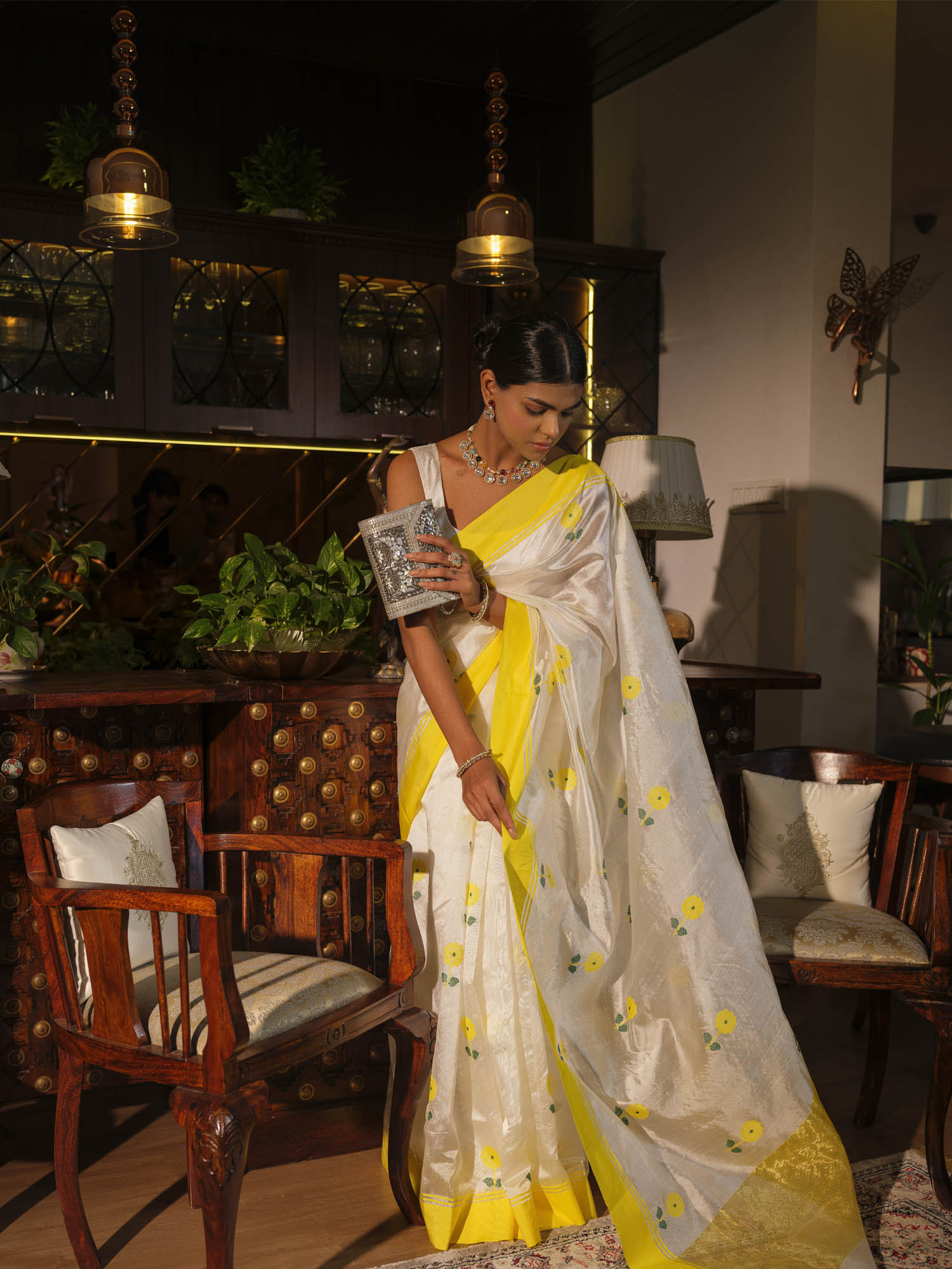 Kaushalya - White Pattu Silk Chanderi Saree with Yellow flowers