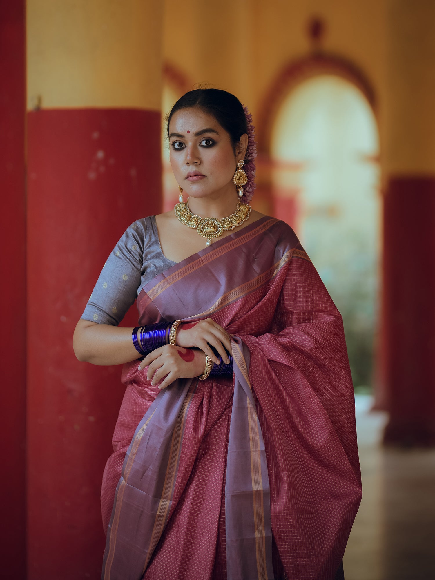 Sindoori - Vermillion Mulberry Silk Saree with Lavendar Border
