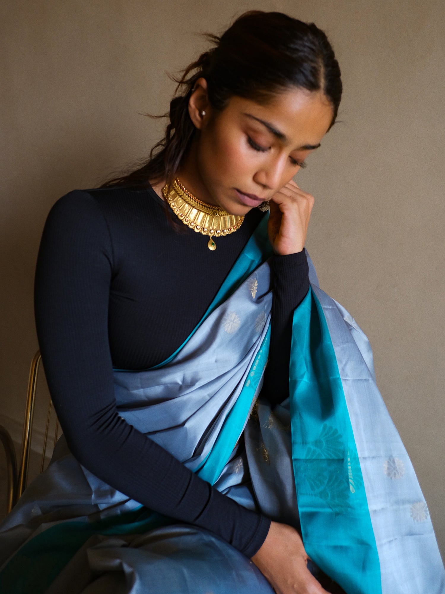 Santoshi - Powder Blue Pattu Silk Saree with Turquoise Border