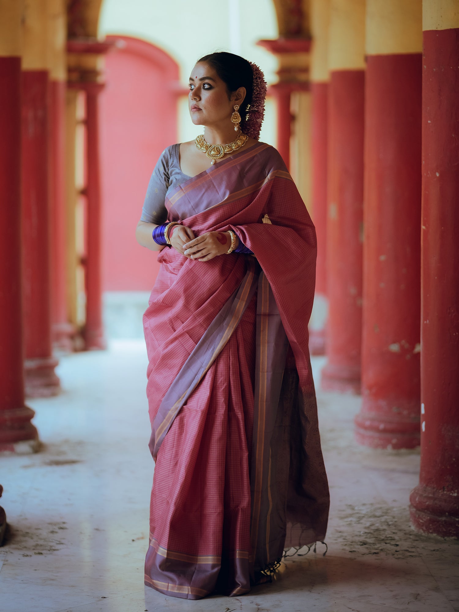Sindoori - Vermillion Mulberry Silk Saree with Lavendar Border