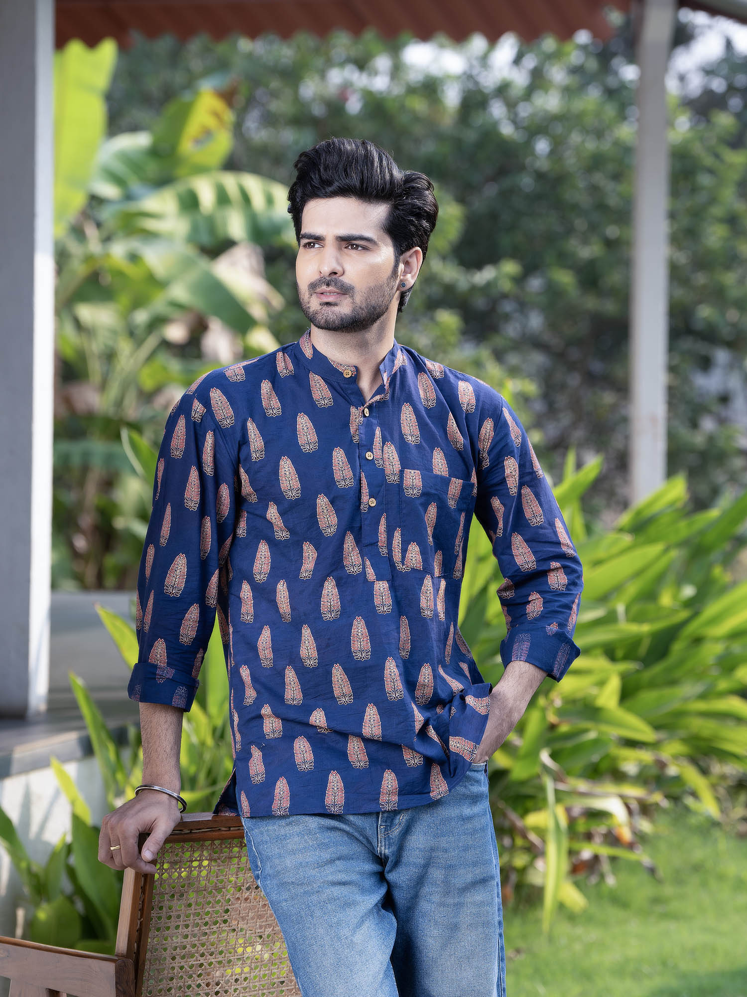 Jeans Party Wear Short Kurta For Mens Cotton Blend Solid Casual