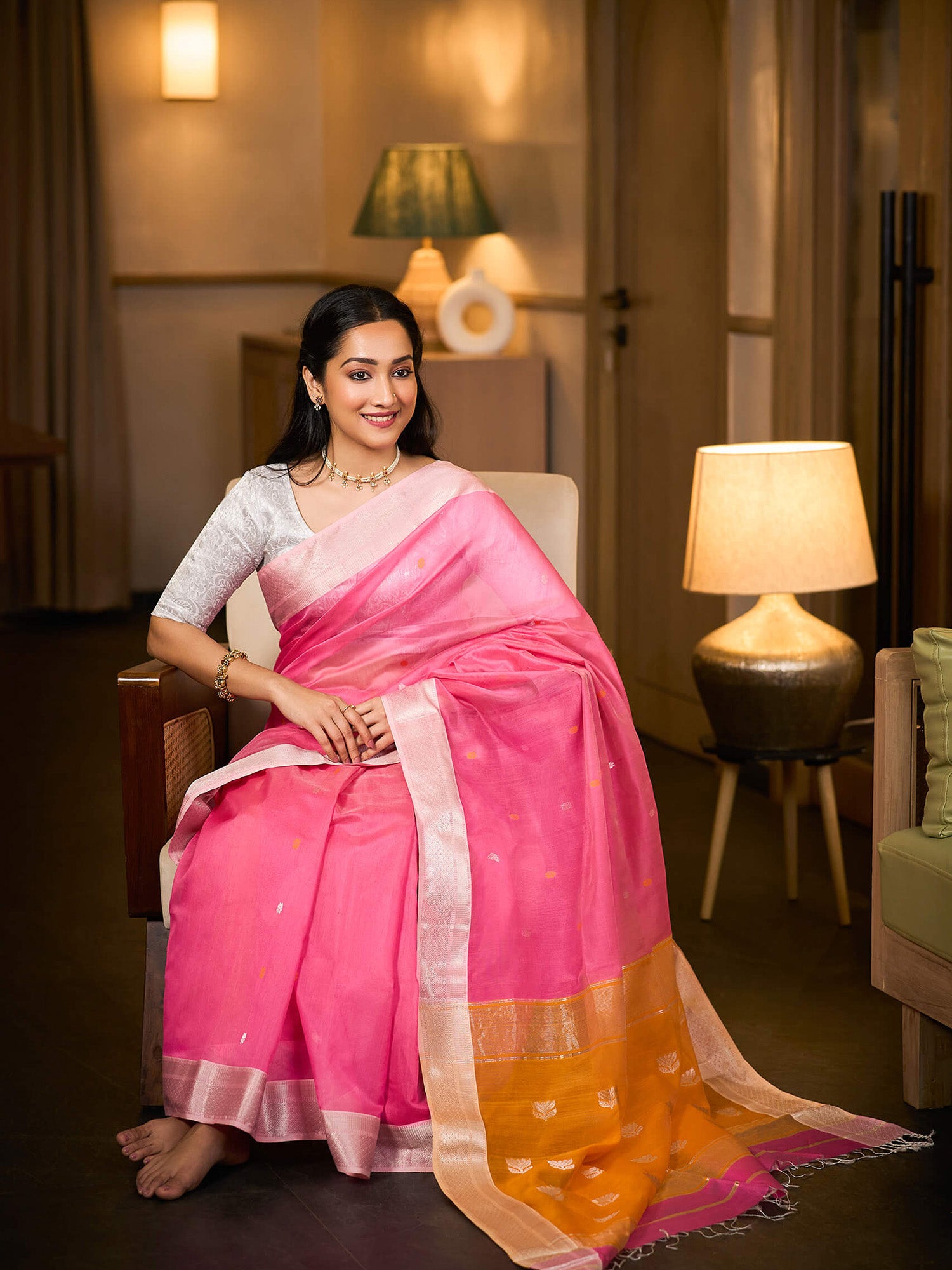 Pink and Orange Maheshwari Cotton Silk Saree with Zari