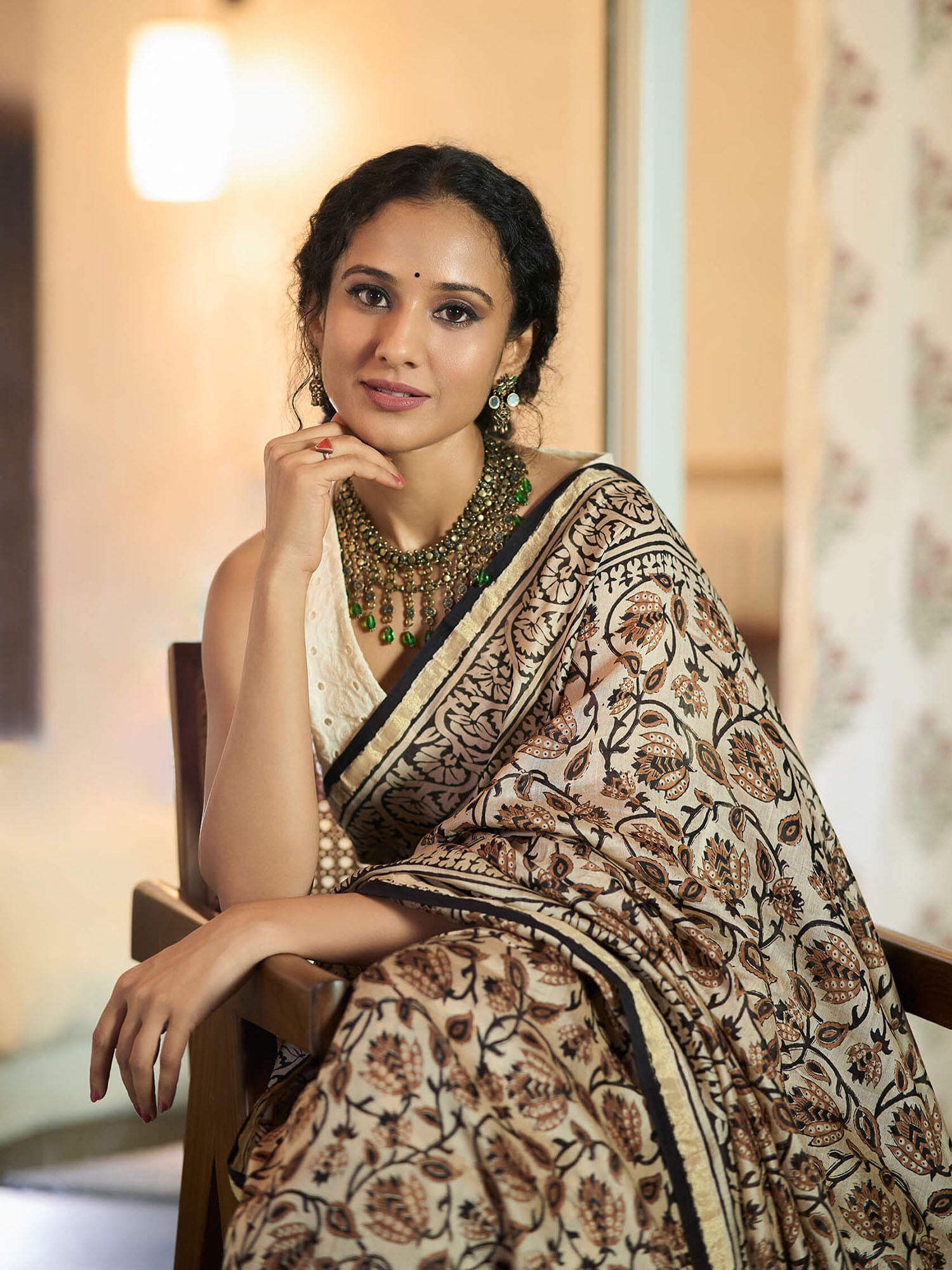 Beige Maheshwari cotton silk Kalamakri saree