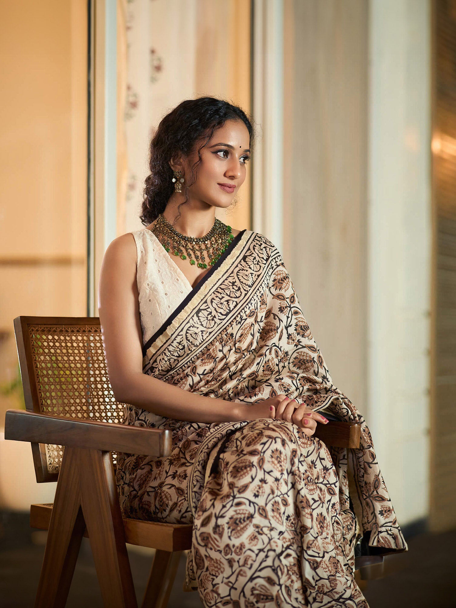 Beige Maheshwari cotton silk Kalamakri saree