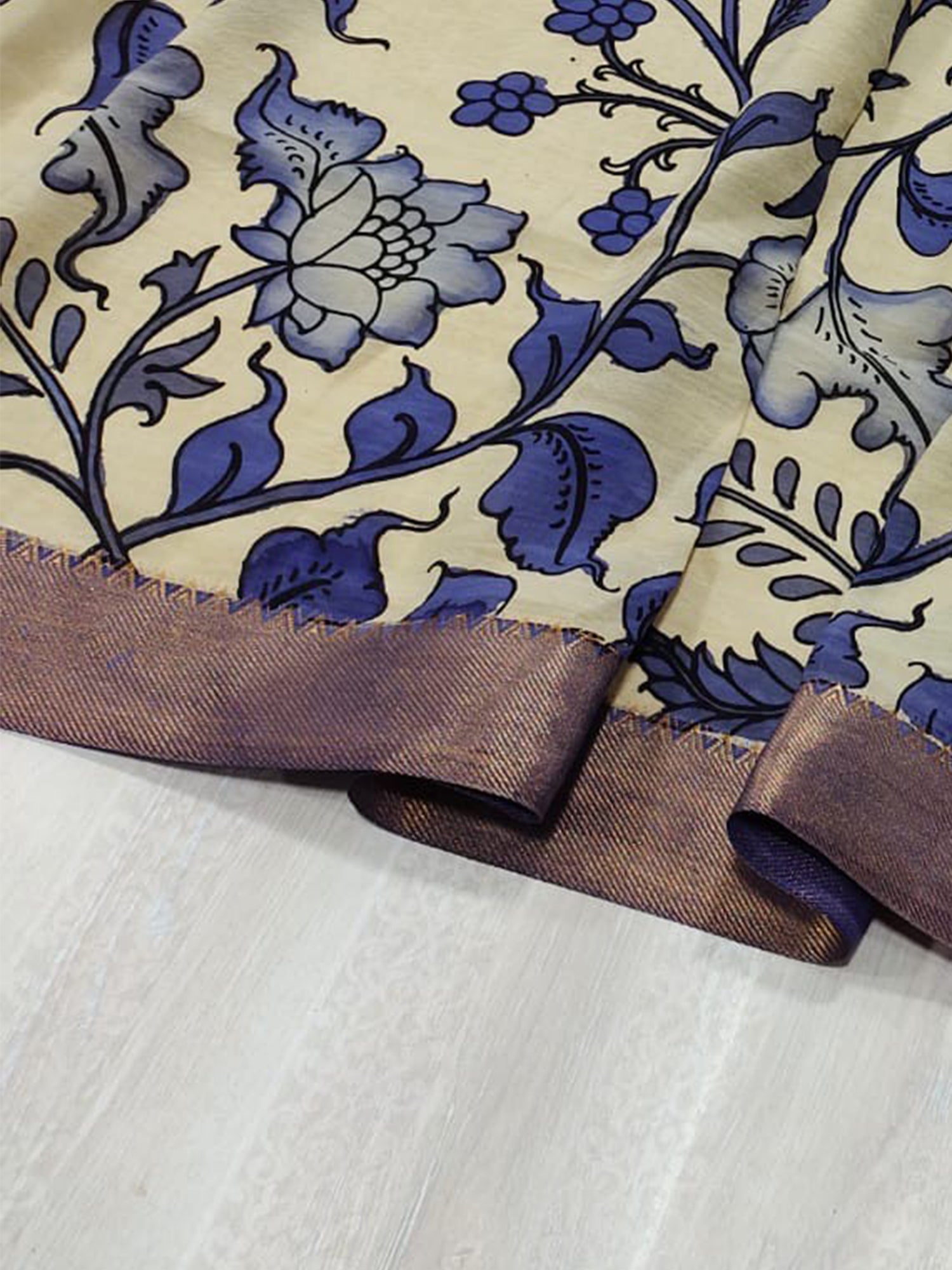 A pure handloom beige and blue pure bangalore silk kalamkari hand painted dupatta by Mrida