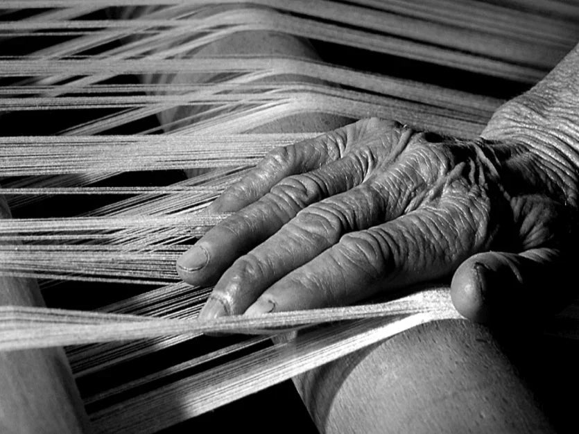 Close-up of an elderly artisan's hand weaving fine threads on a traditional loom, representing handcrafted handloom sarees