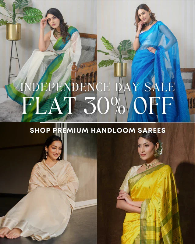 Independence Day Sale banner featuring models in premium handloom sarees in green-white, blue, cream, and yellow with 30% off offer