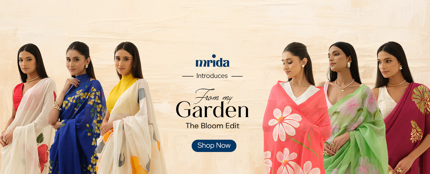 From My Garden collection by Mrida featuring handpainted floral sarees crafted in Mangalgiri silk pattu by cotton